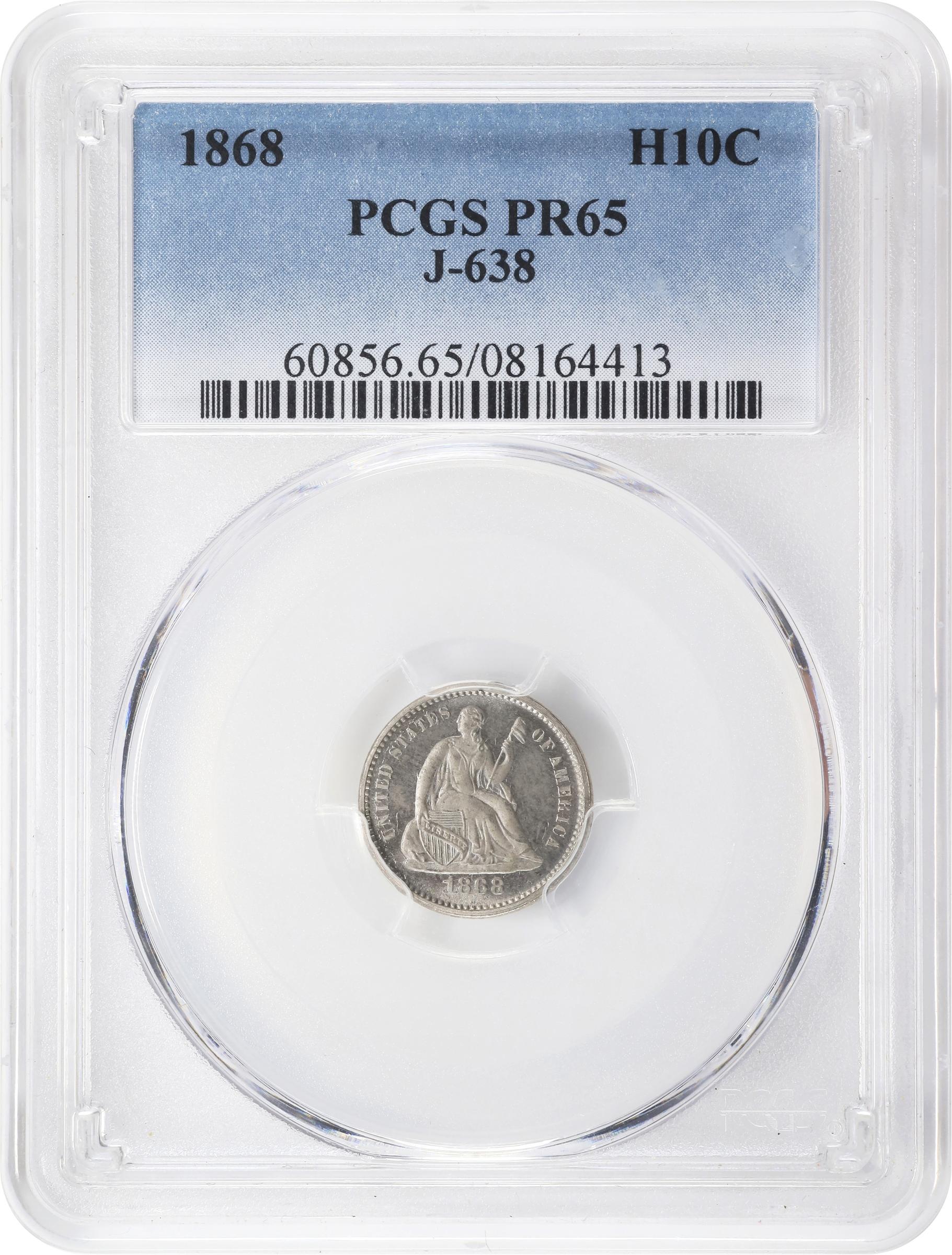 image for: 1868 Pattern Liberty Seated Half Dime. Judd-638, Pollock-710. Rarity-6-. Nickel. Plain Edge. Proof-65 (PCGS).