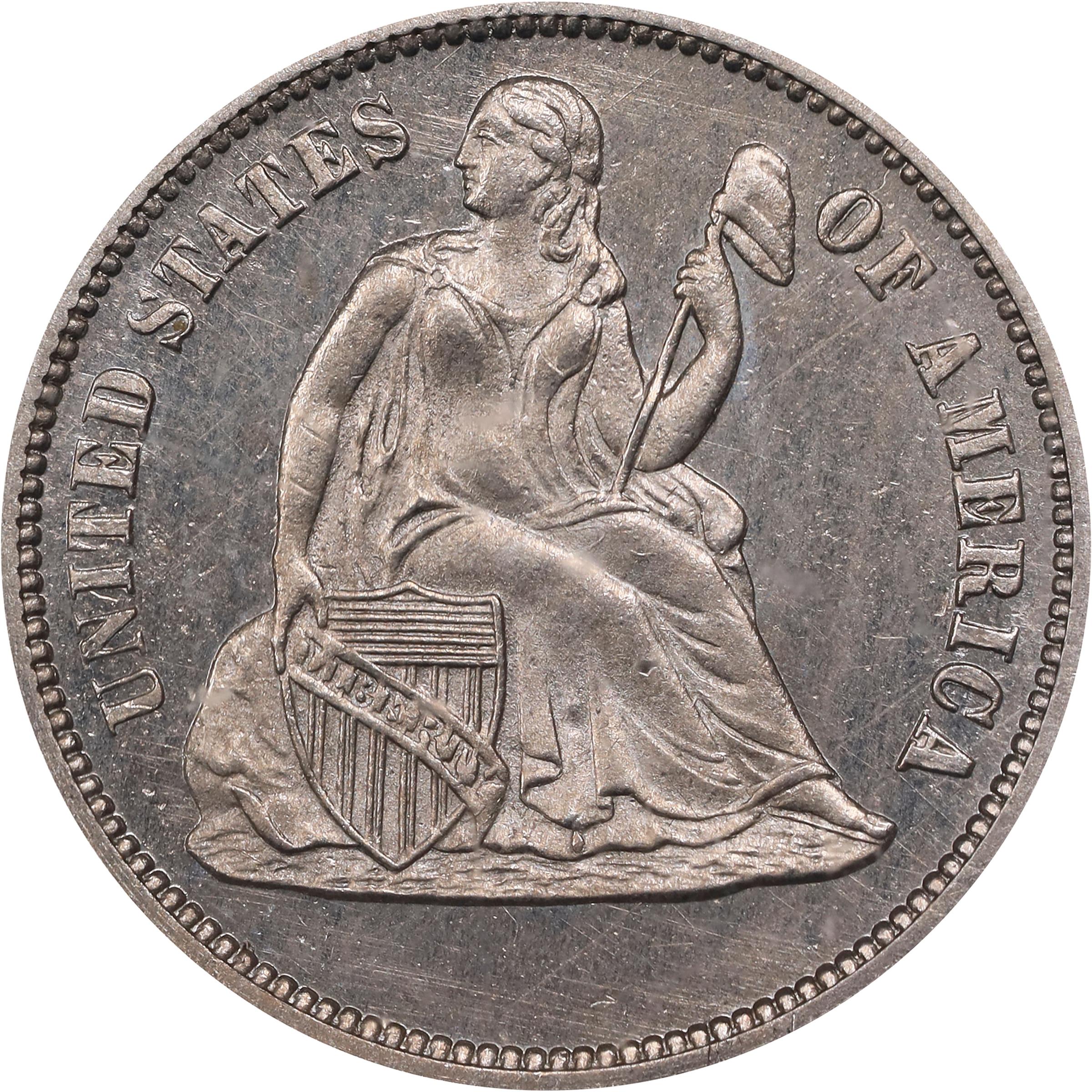 image for: 1868 Pattern Liberty Seated Dime. Judd-641, Pollock-713. Rarity-7-. Nickel. Reeded Edge. Proof-64 (PCGS). CAC.