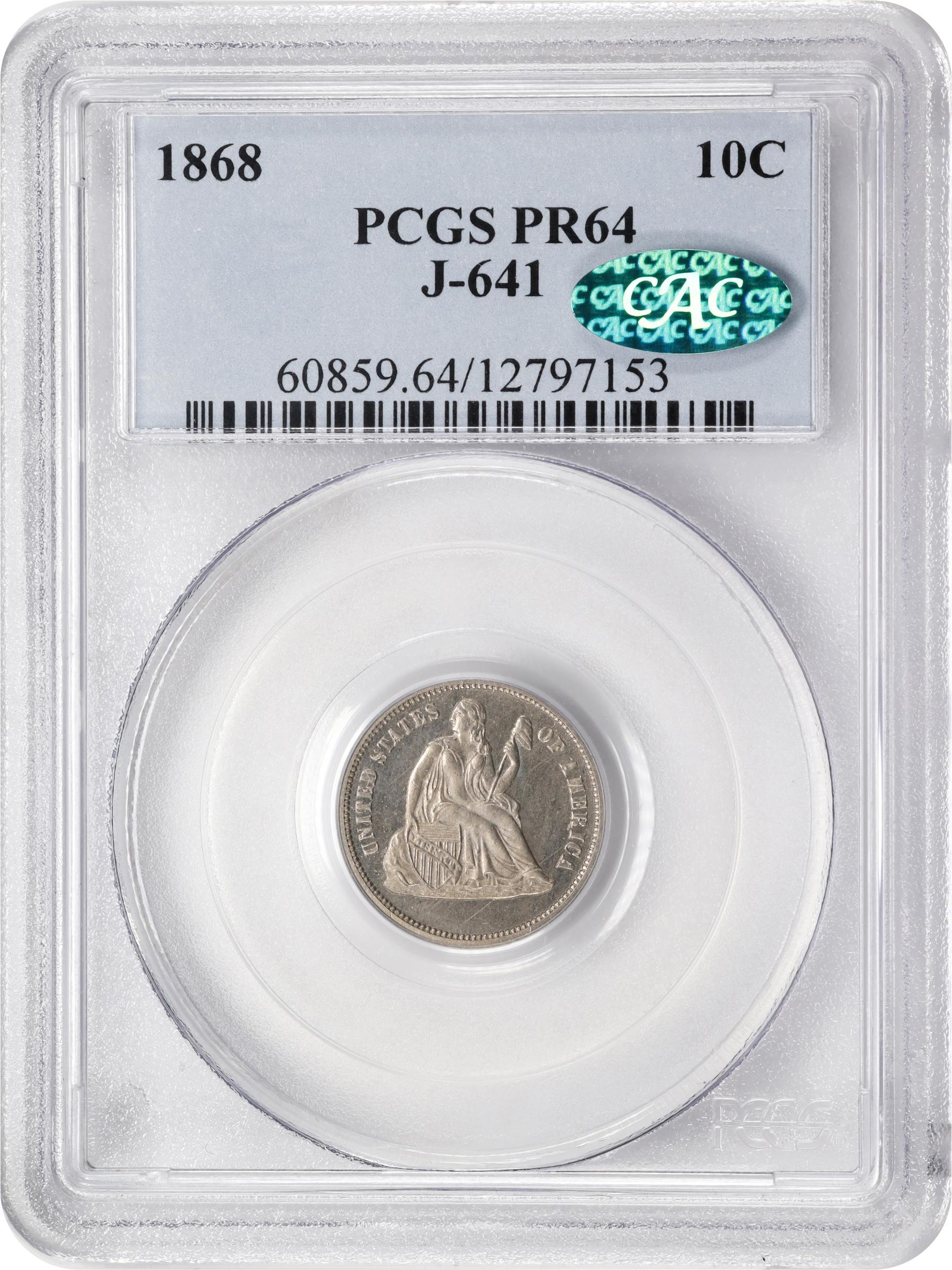 image for: 1868 Pattern Liberty Seated Dime. Judd-641, Pollock-713. Rarity-7-. Nickel. Reeded Edge. Proof-64 (PCGS). CAC.
