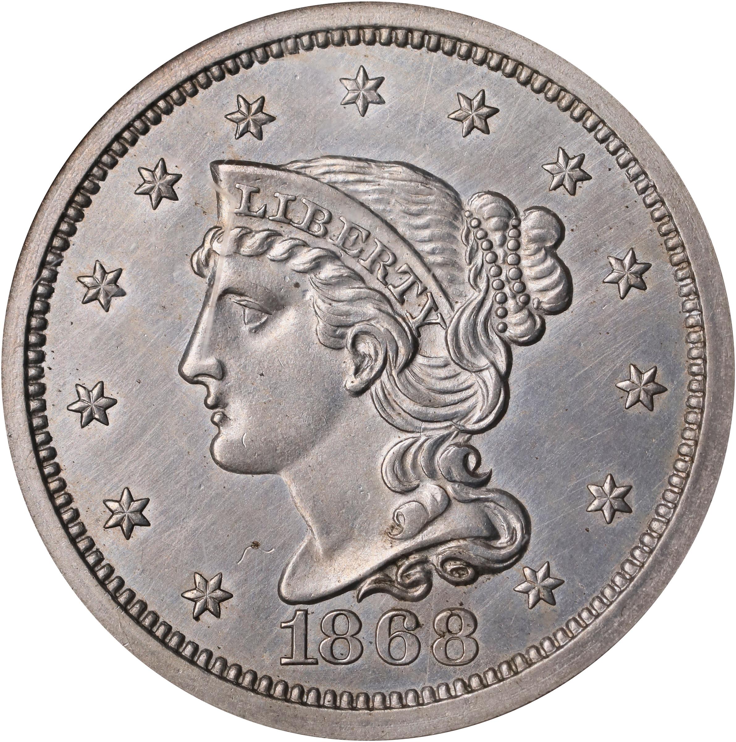 image for: 1868 Pattern Ten Cents. Judd-647, Pollock-720. Rarity-6-. Nickel. Plain Edge. Proof-64 (NGC). CAC.