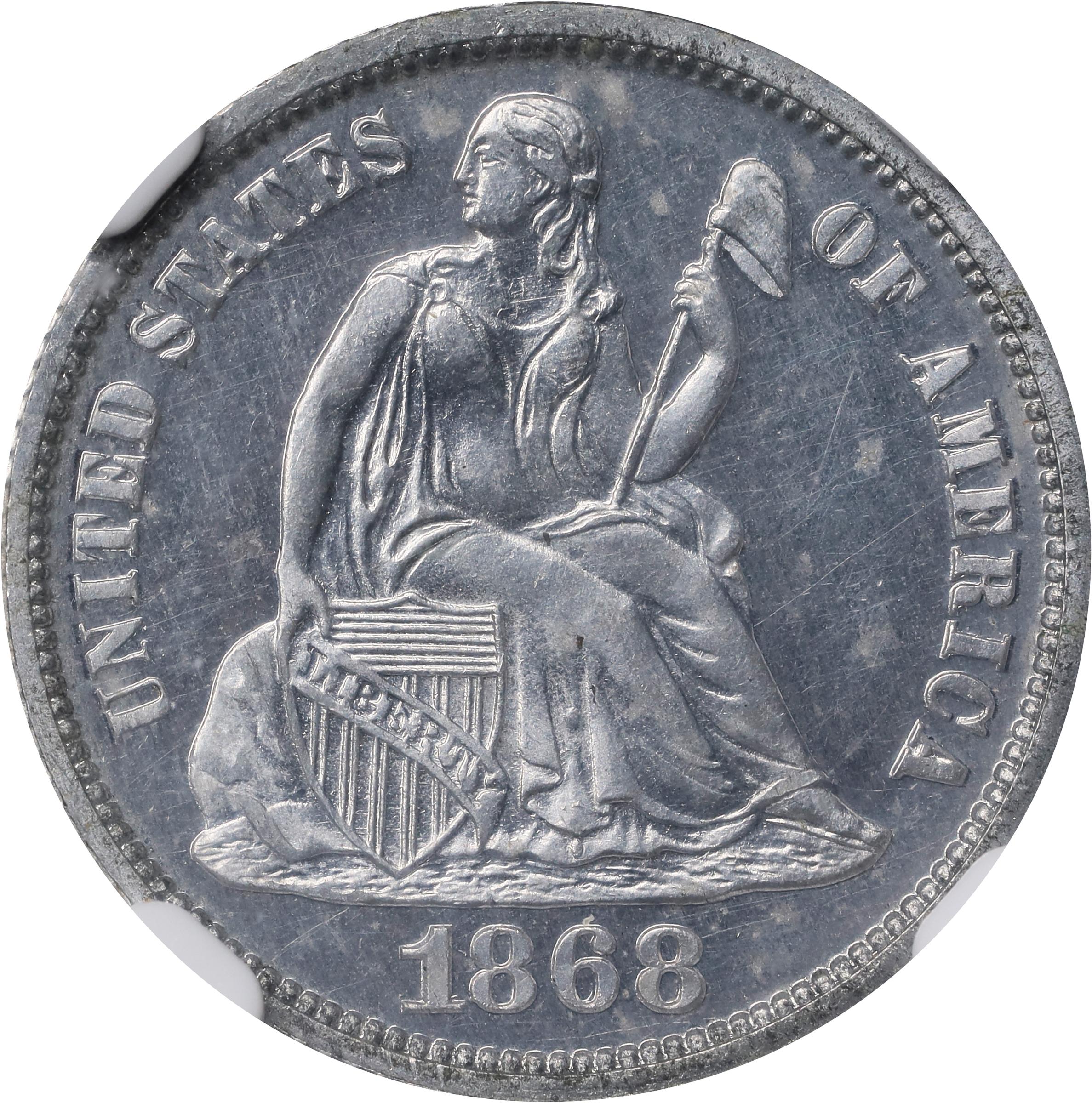 image for: 1868 Pattern Liberty Seated Dime. Judd-649, Pollock-722. Rarity-7-. Aluminum. Reeded Edge. Proof-65 (NGC).