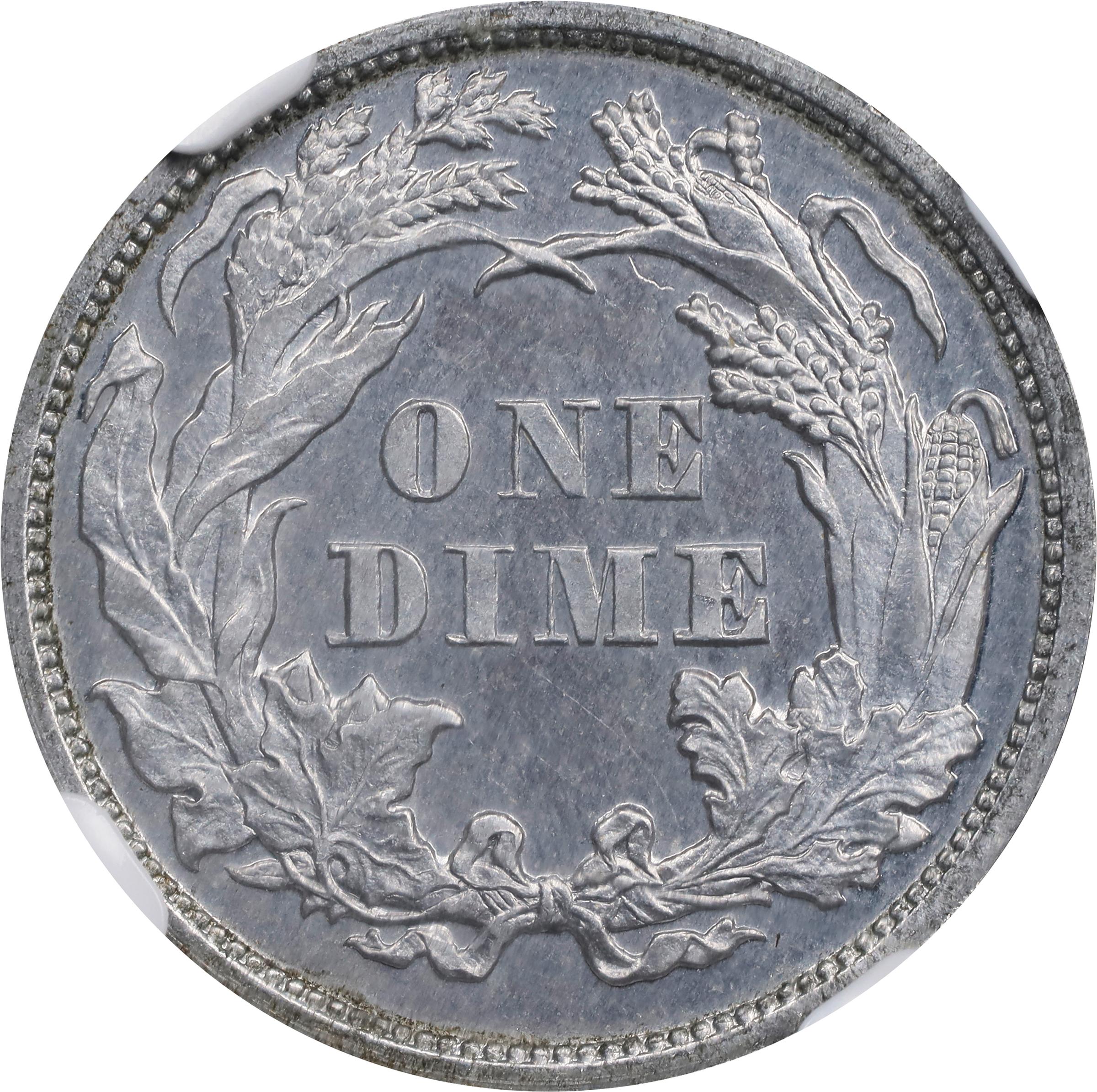 image for: 1868 Pattern Liberty Seated Dime. Judd-649, Pollock-722. Rarity-7-. Aluminum. Reeded Edge. Proof-65 (NGC).