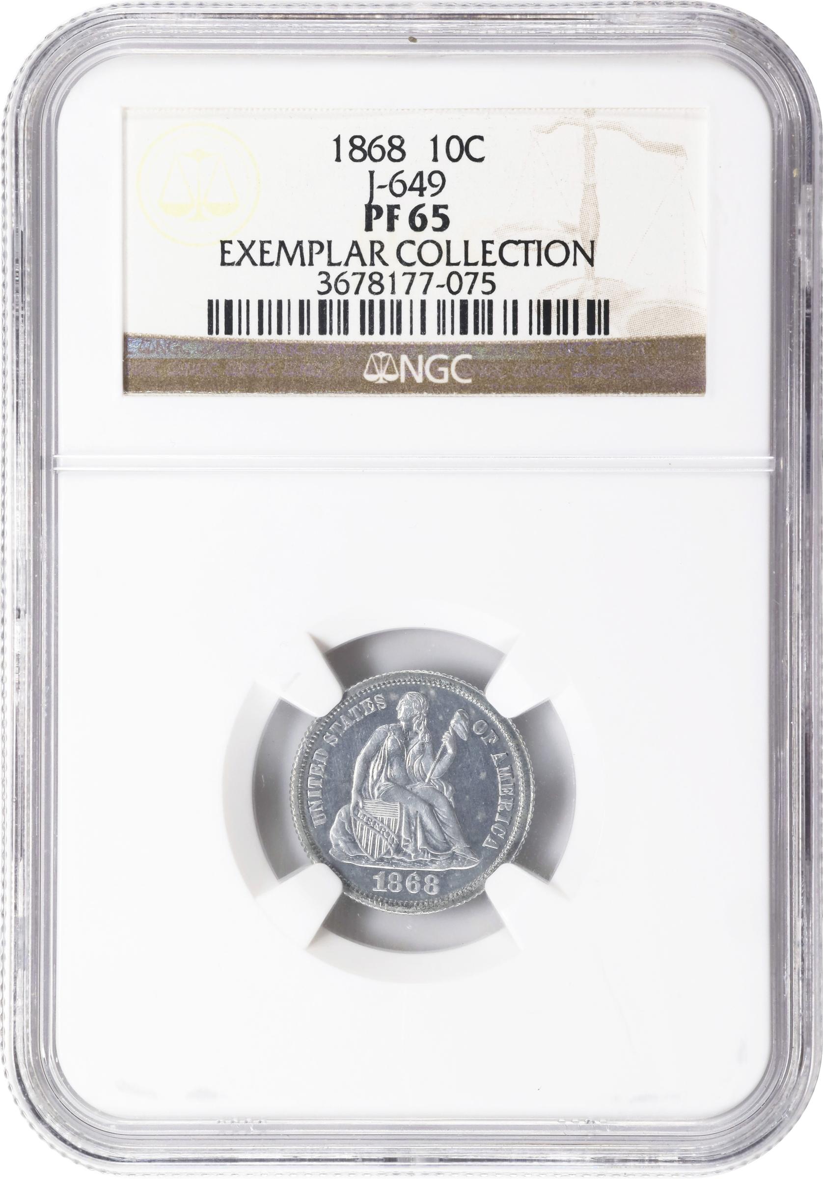 image for: 1868 Pattern Liberty Seated Dime. Judd-649, Pollock-722. Rarity-7-. Aluminum. Reeded Edge. Proof-65 (NGC).