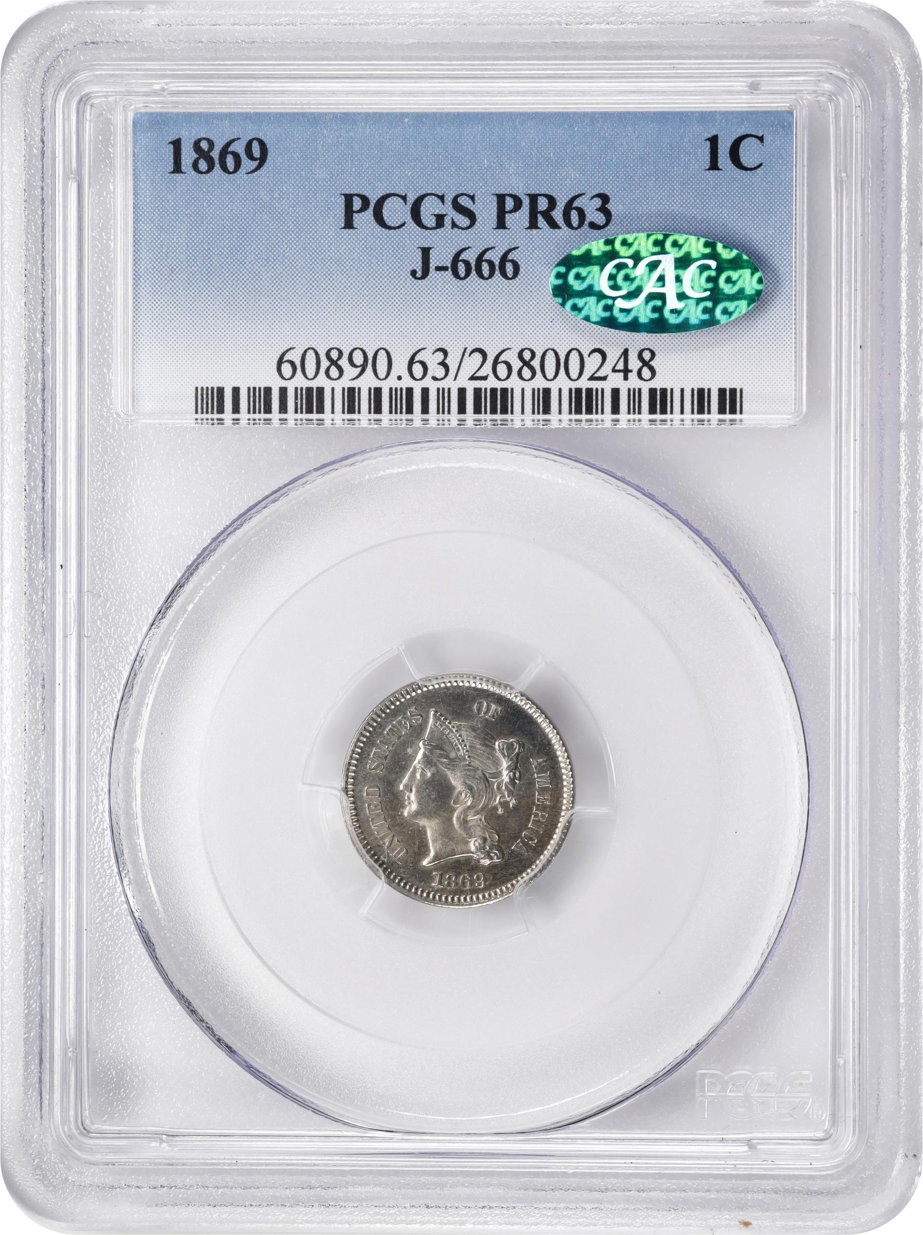 image for: 1869 Pattern Cent. Judd-666, Pollock-742. Rarity-5. Nickel. Plain Edge. Proof-63 (PCGS). CAC.