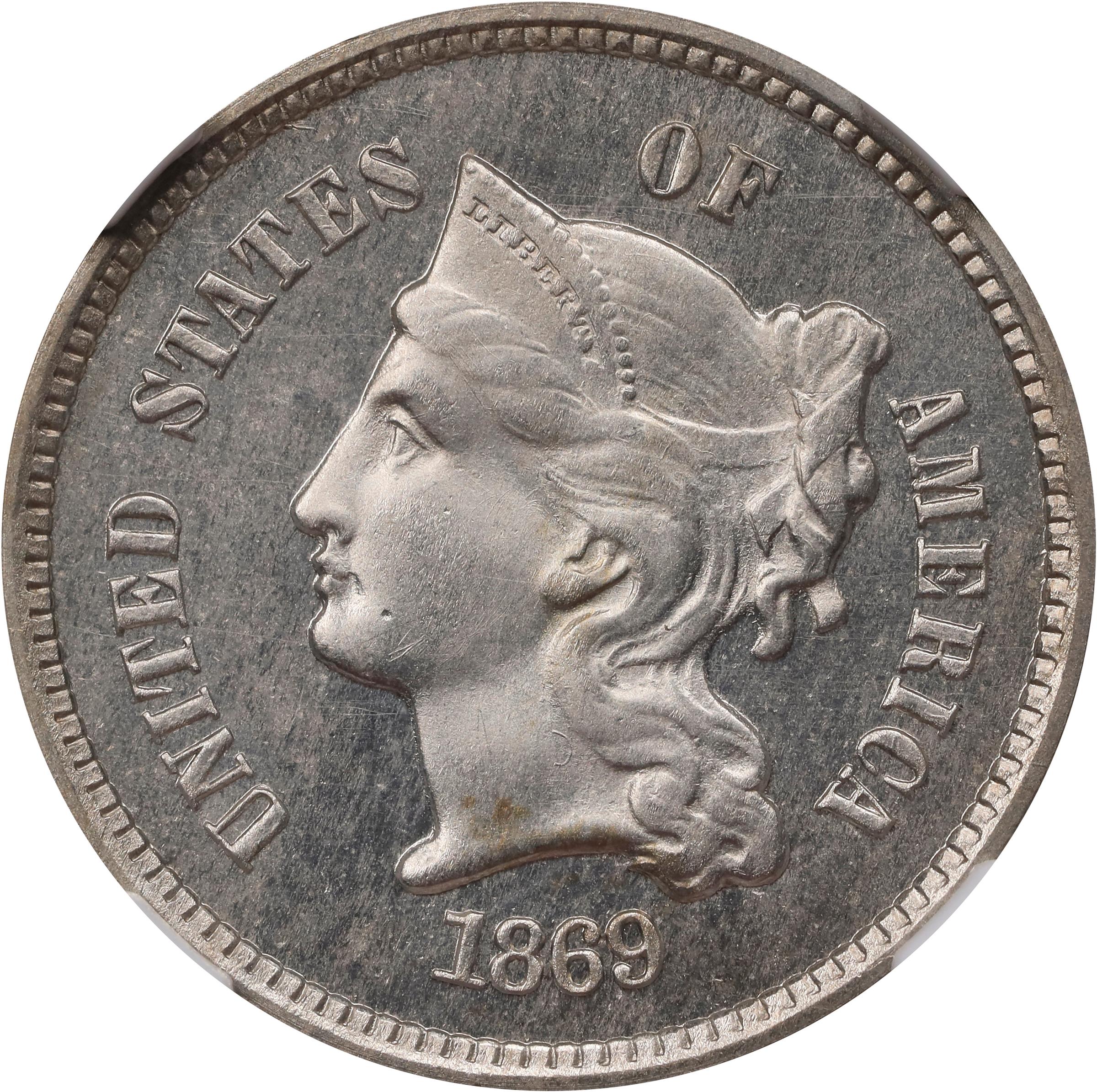 image for: 1869 Pattern Three Cents. Judd-676, Pollock-753. Rarity-4. Nickel. Plain Edge. Proof-65 Cameo (NGC).