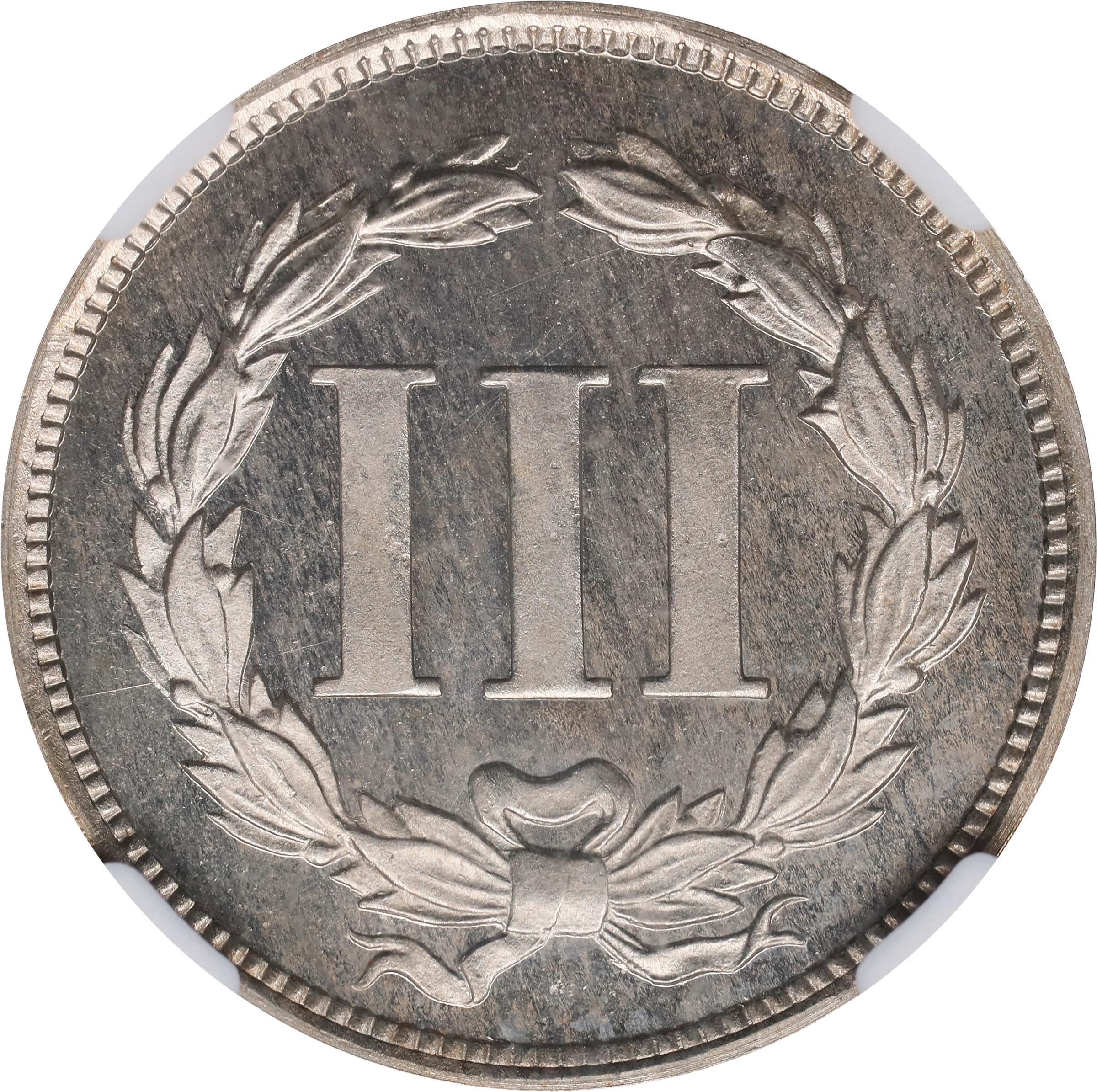 image for: 1869 Pattern Three Cents. Judd-676, Pollock-753. Rarity-4. Nickel. Plain Edge. Proof-65 Cameo (NGC).