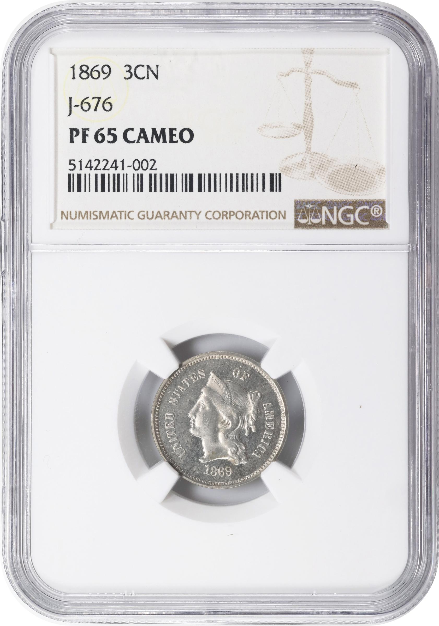 image for: 1869 Pattern Three Cents. Judd-676, Pollock-753. Rarity-4. Nickel. Plain Edge. Proof-65 Cameo (NGC).
