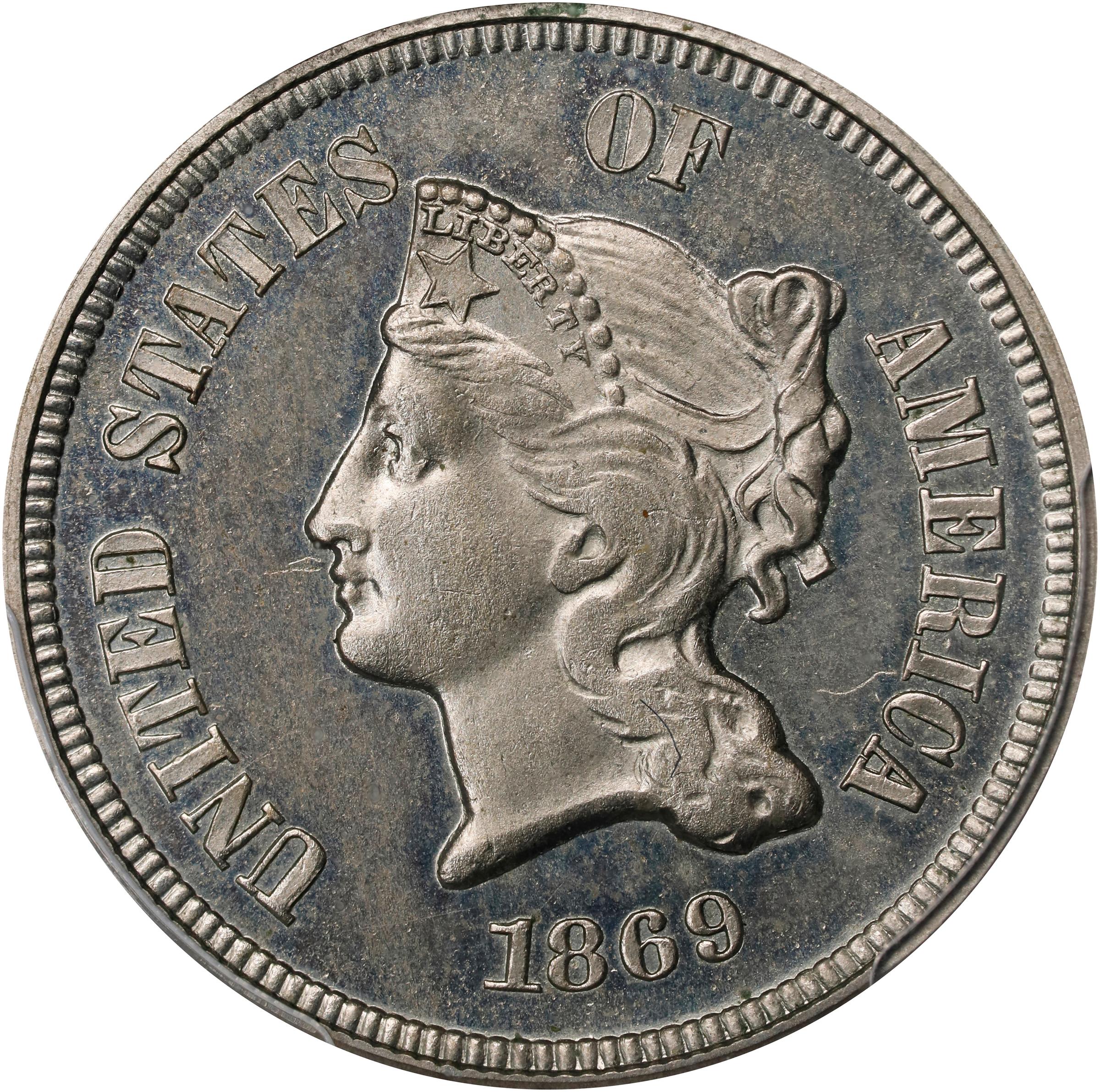 image for: 1869 Pattern Five Cents. Judd-683, Pollock-762. Rarity-7-. Nickel. Plain Edge. Proof-64 Cameo (PCGS).