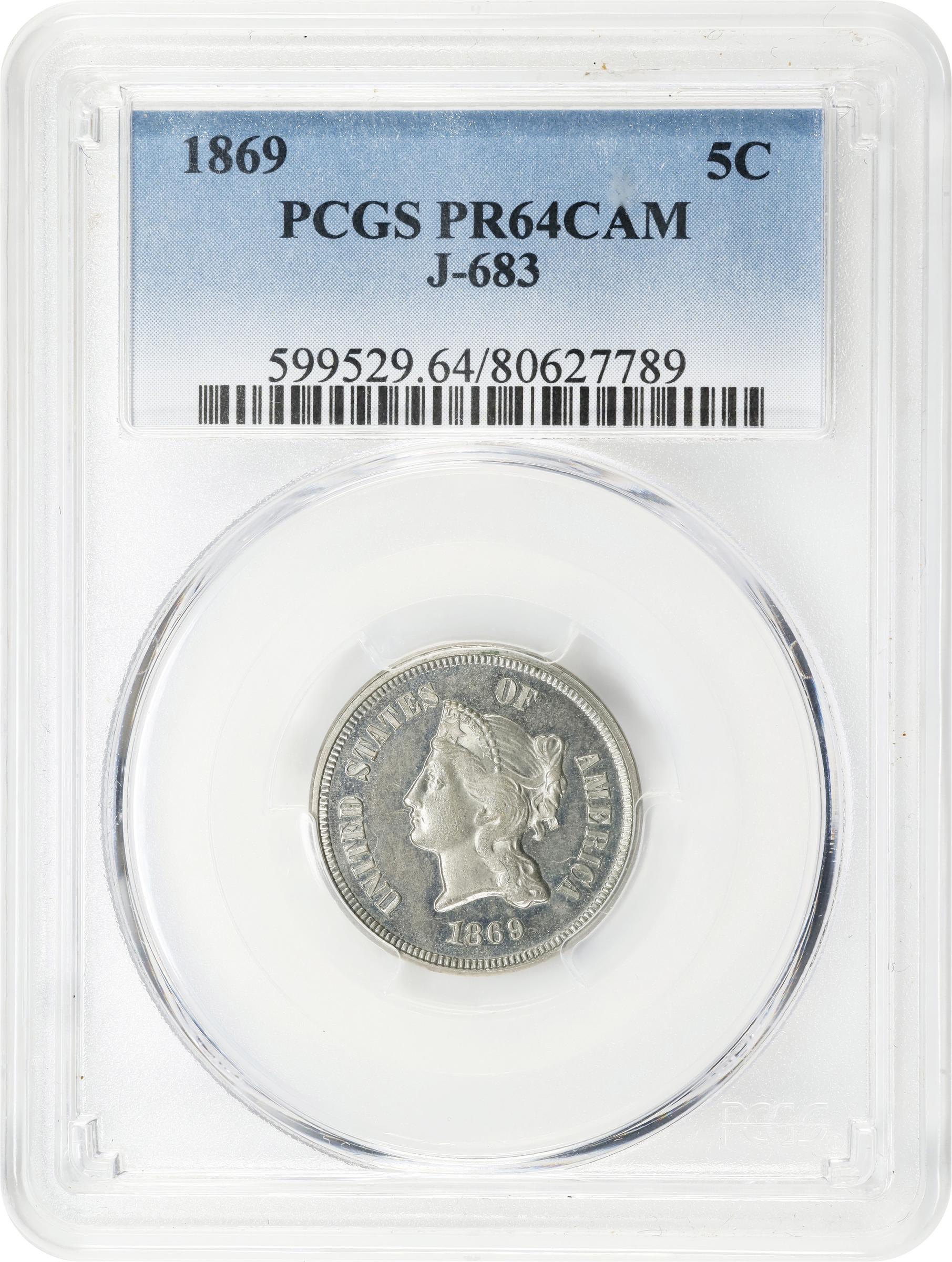 image for: 1869 Pattern Five Cents. Judd-683, Pollock-762. Rarity-7-. Nickel. Plain Edge. Proof-64 Cameo (PCGS).