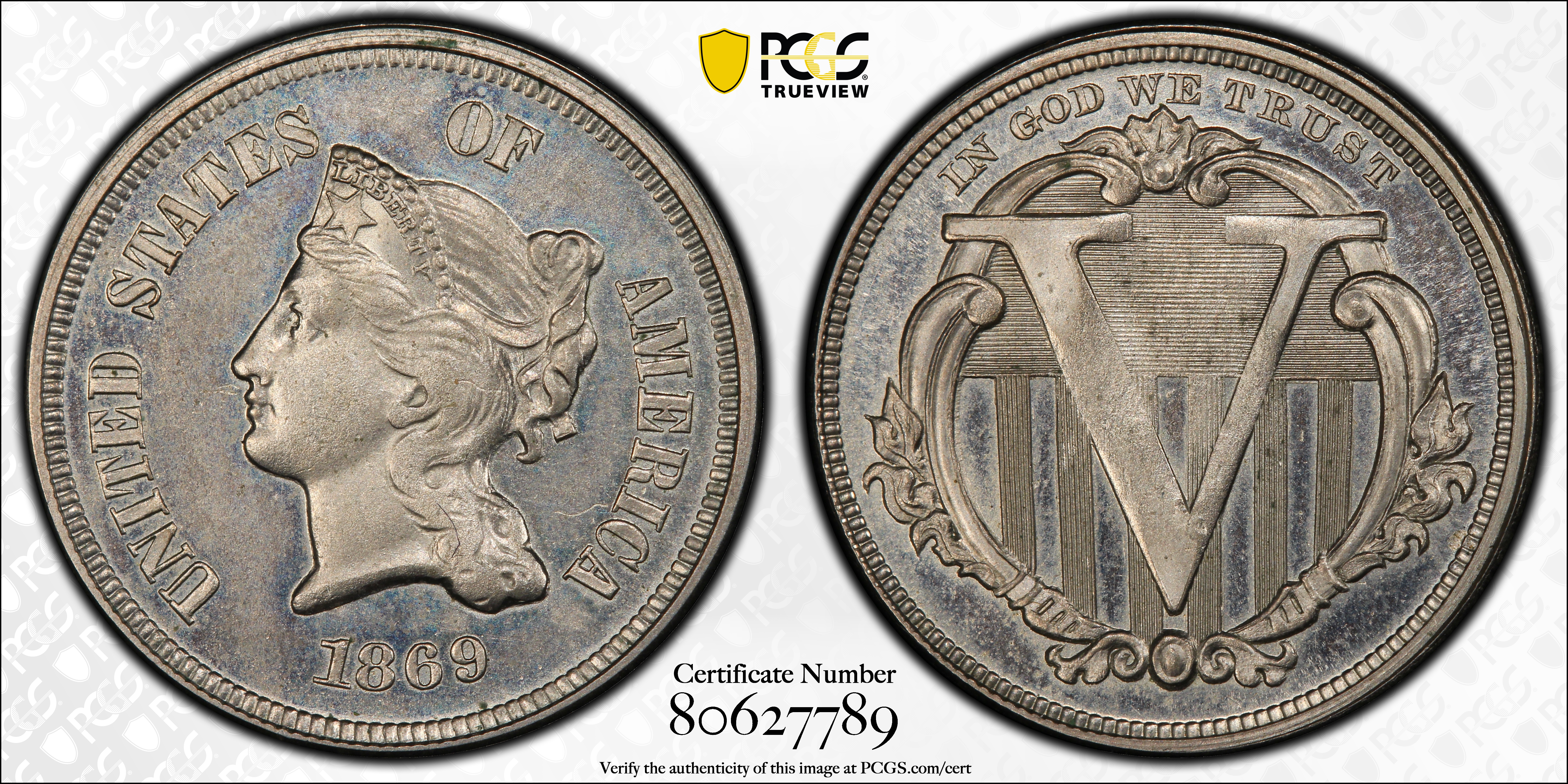 image for: 1869 Pattern Five Cents. Judd-683, Pollock-762. Rarity-7-. Nickel. Plain Edge. Proof-64 Cameo (PCGS).