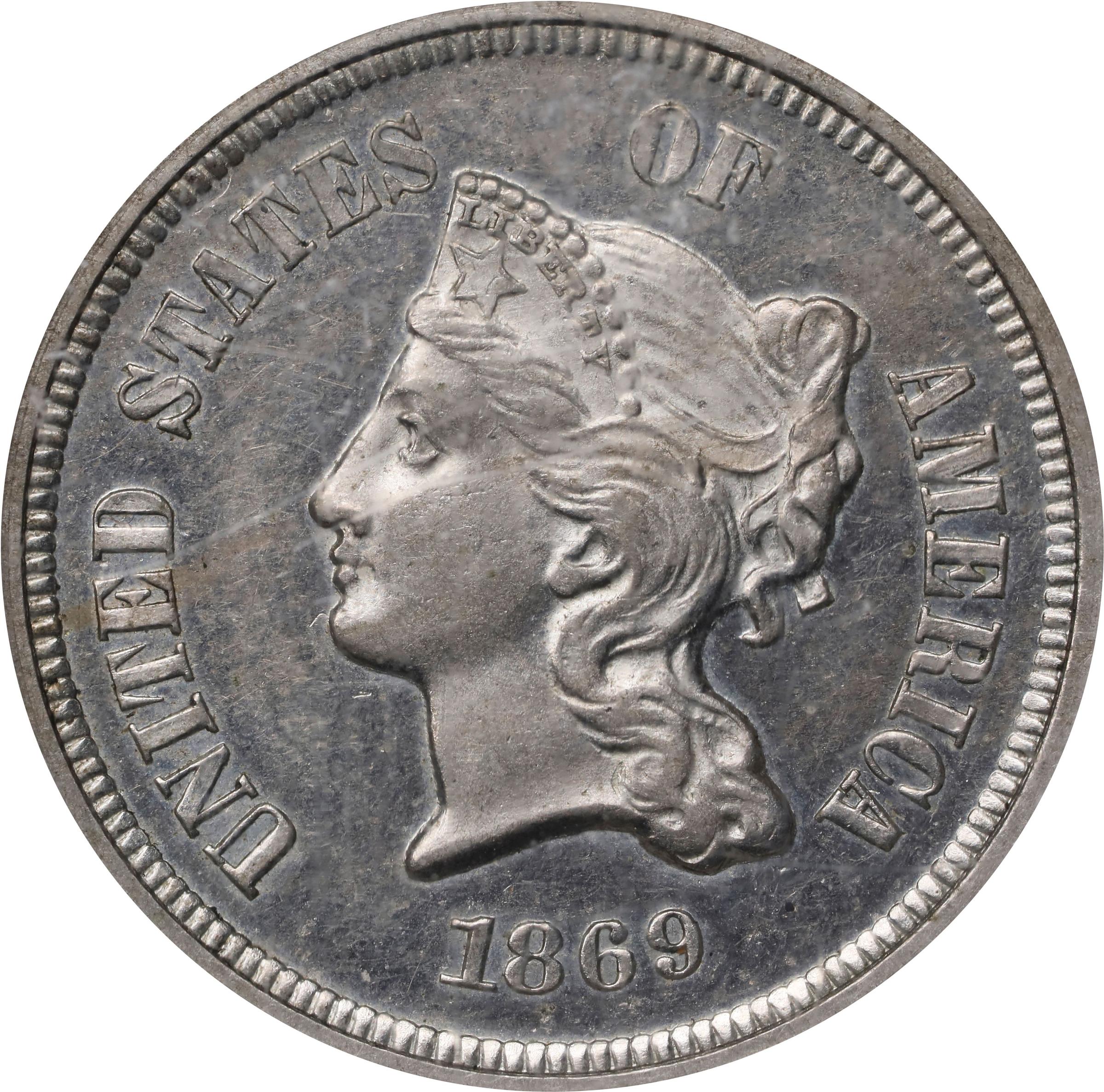 image for: 1869 Pattern Five Cents. Judd-684, Pollock-763. Rarity-5. Nickel. Plain Edge. Proof-62 (NGC).