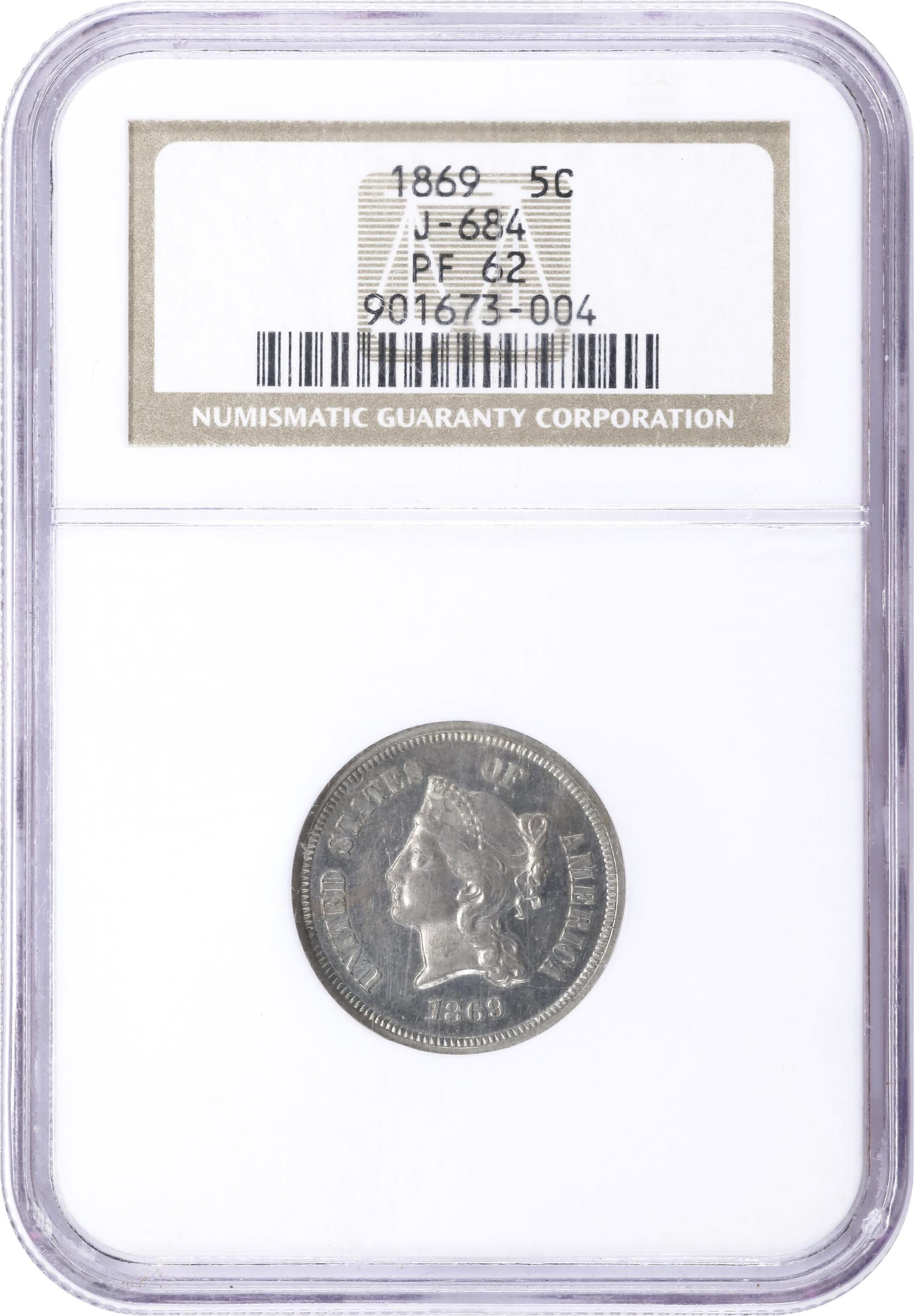 image for: 1869 Pattern Five Cents. Judd-684, Pollock-763. Rarity-5. Nickel. Plain Edge. Proof-62 (NGC).
