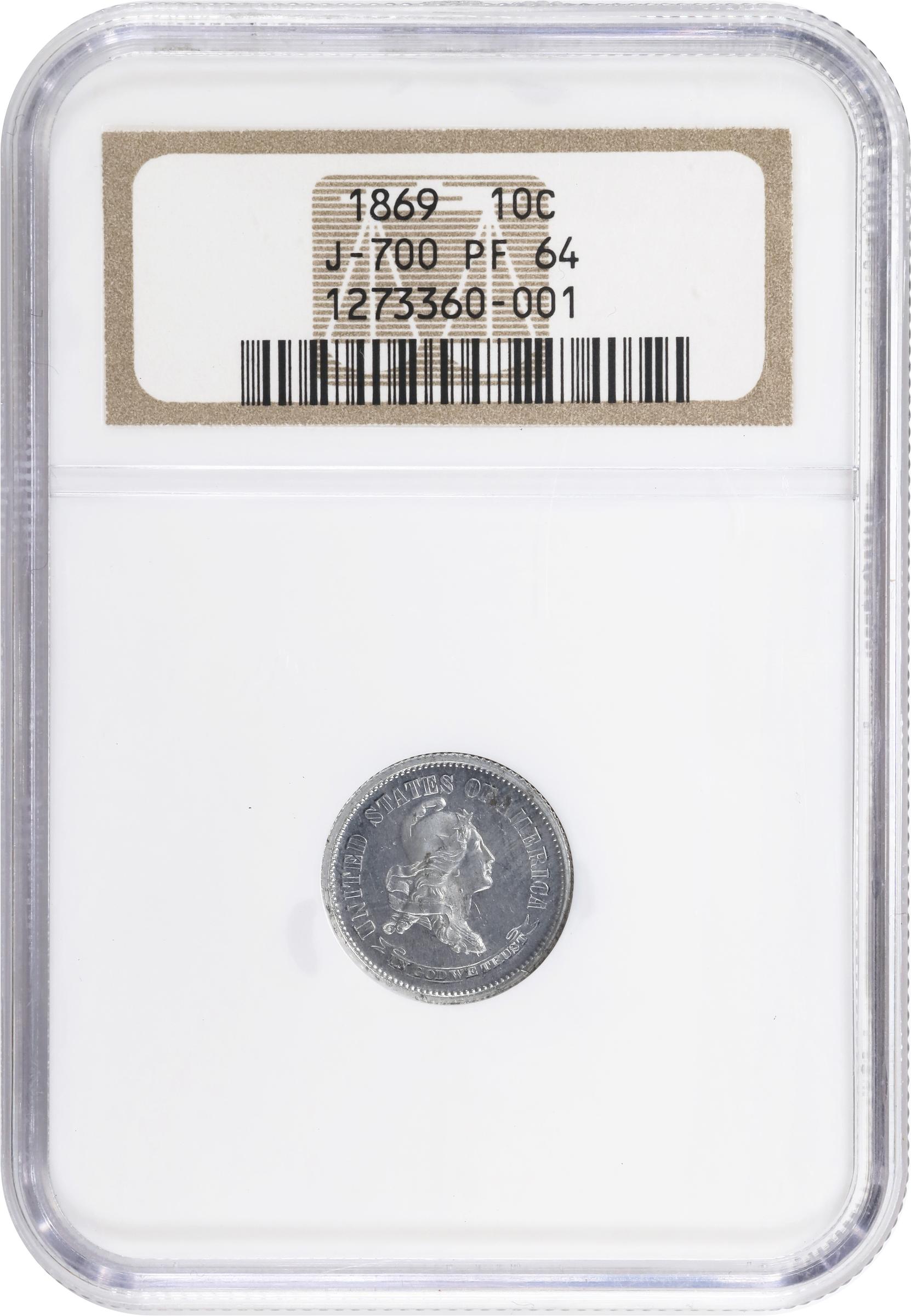 image for: 1869 Pattern Dime. Judd-700, Pollock-779. Rarity-7-. Aluminum. Reeded Edge. Proof-64 (NGC).