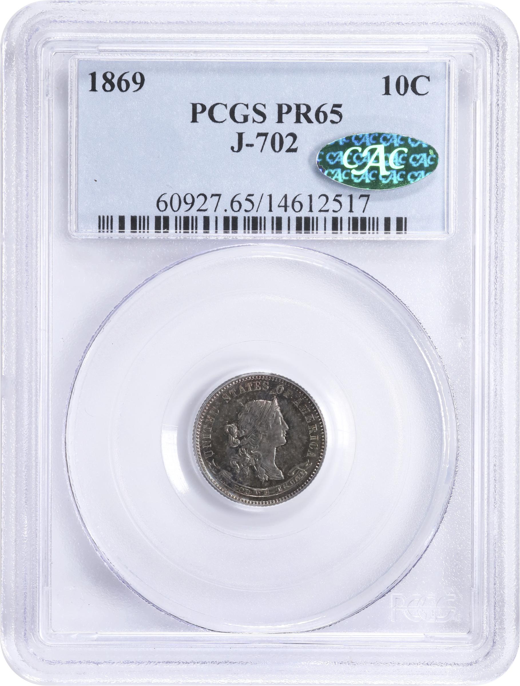 image for: 1869 Pattern Dime. Judd-702, Pollock-781. Rarity-5. Silver. Reeded Edge. Proof-65 (PCGS). CAC.
