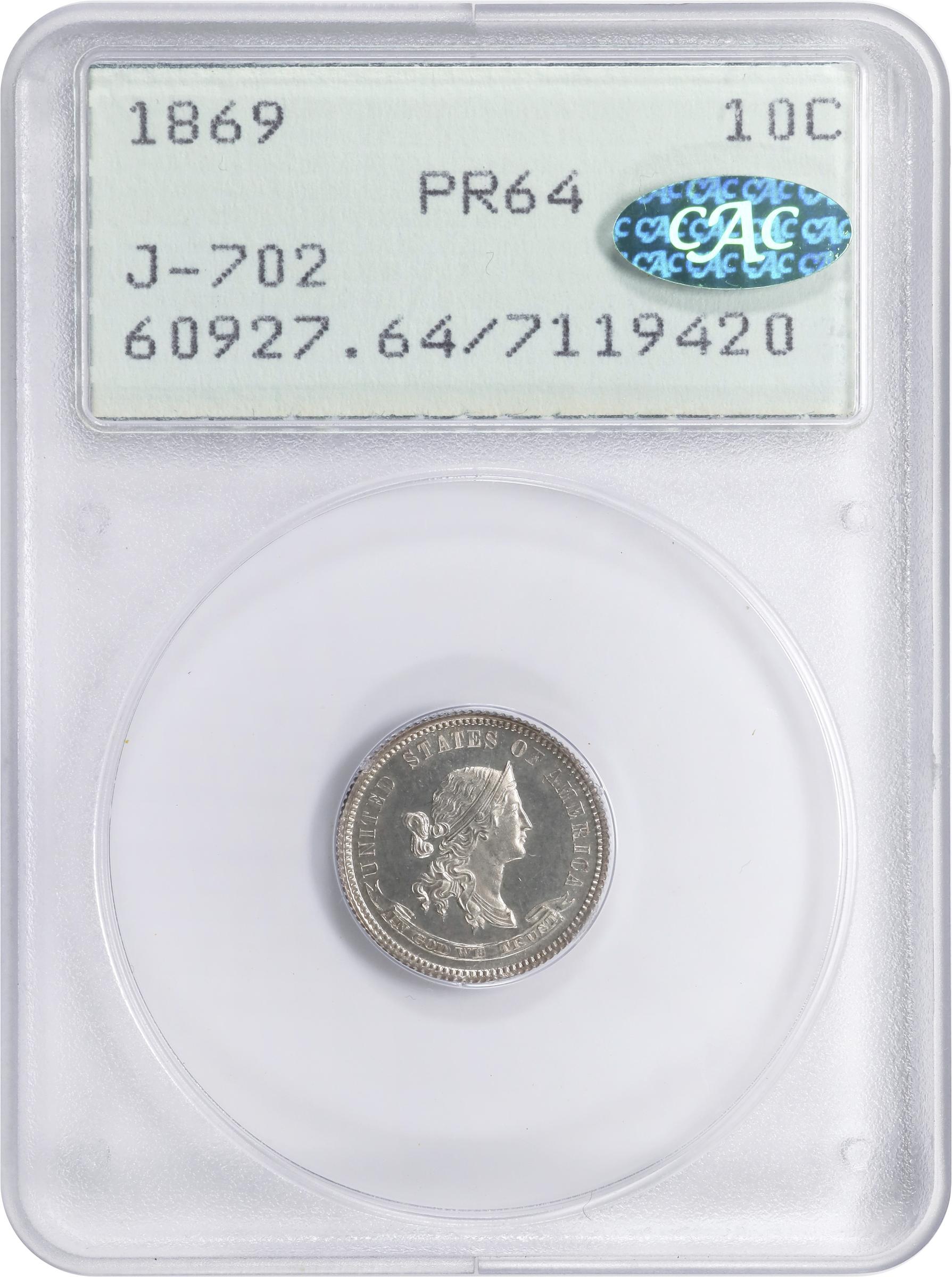 image for: 1869 Pattern Dime. Judd-702, Pollock-781. Rarity-5. Silver. Reeded Edge. Proof-64 (PCGS). CAC. OGH Rattler.