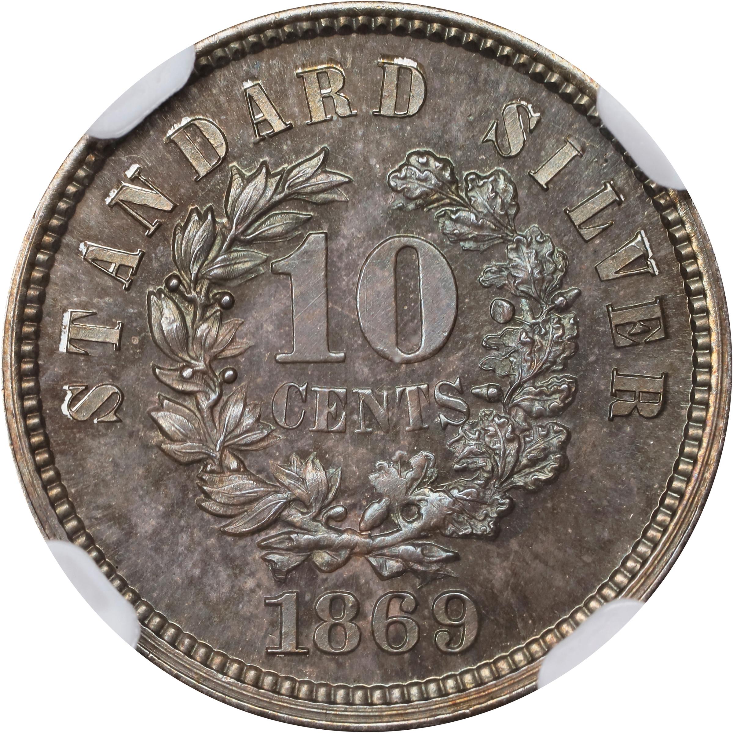 image for: 1869 Pattern Dime. Judd-703, Pollock-782. Rarity-6+. Silver. Plain Edge. Proof-67 (NGC).