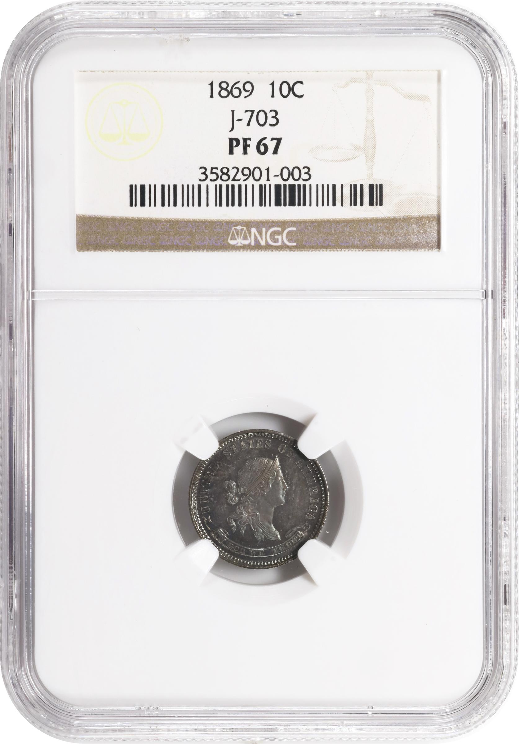 image for: 1869 Pattern Dime. Judd-703, Pollock-782. Rarity-6+. Silver. Plain Edge. Proof-67 (NGC).