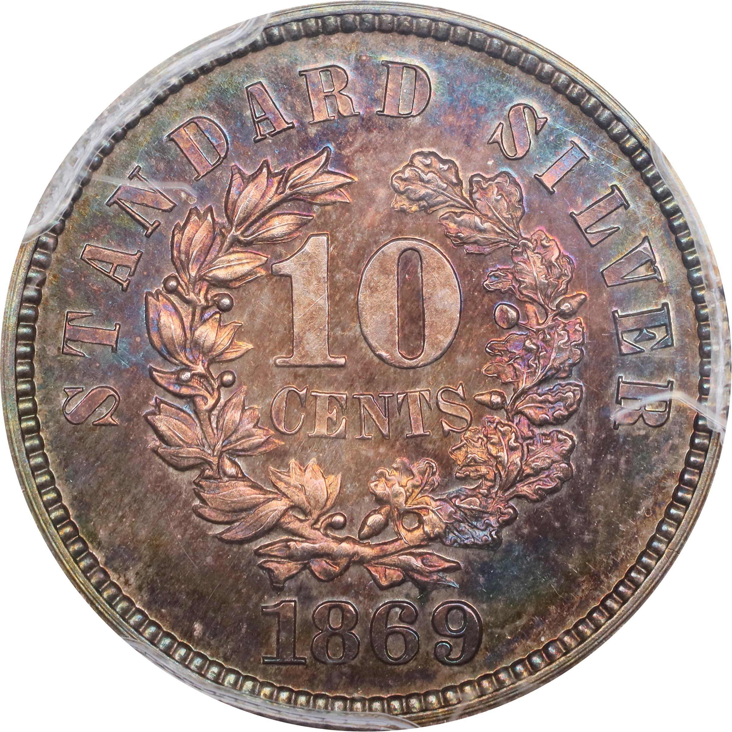 image for: 1869 Pattern Dime. Judd-708, Pollock-787. Rarity-5. Silver. Reeded Edge. Proof-65 (PCGS). CAC.