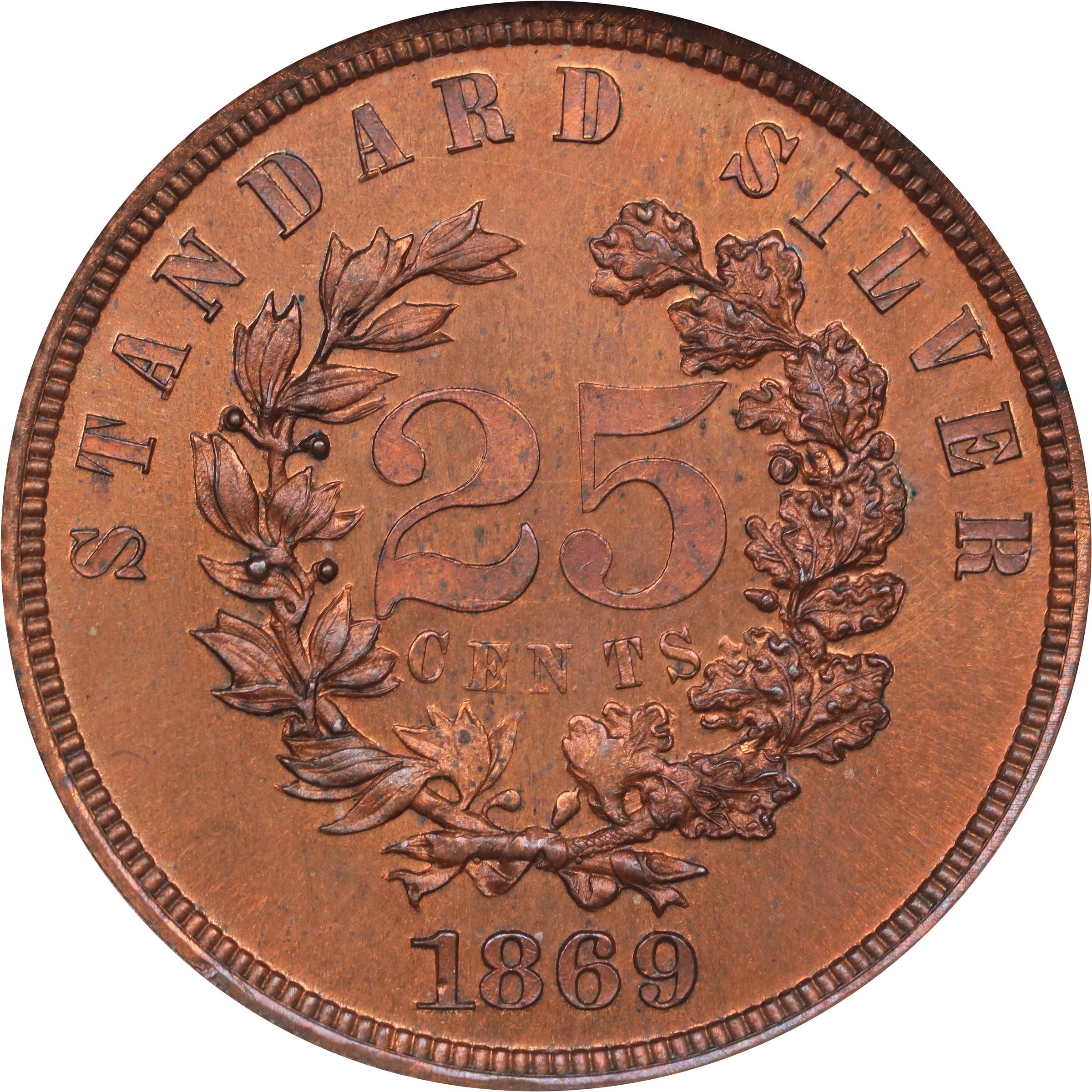 image for: 1869 Pattern Quarter Dollar. Judd-736, Pollock-817. Rarity-7-. Copper. Plain Edge. Proof-65 RB (NGC).