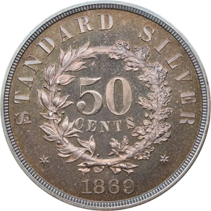 image for: 1869 Pattern Half Dollar. Judd-742, Pollock-823. Rarity-5. Silver. Reeded Edge. Proof-64 (PCGS). CAC. OGH Rattler.
