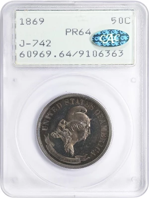 image for: 1869 Pattern Half Dollar. Judd-742, Pollock-823. Rarity-5. Silver. Reeded Edge. Proof-64 (PCGS). CAC. OGH Rattler.