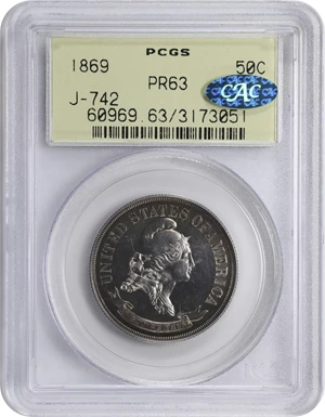 image for: 1869 Pattern Half Dollar. Judd-742, Pollock-823. Rarity-5. Silver. Reeded Edge. Proof-63 (PCGS). CAC. OGH.