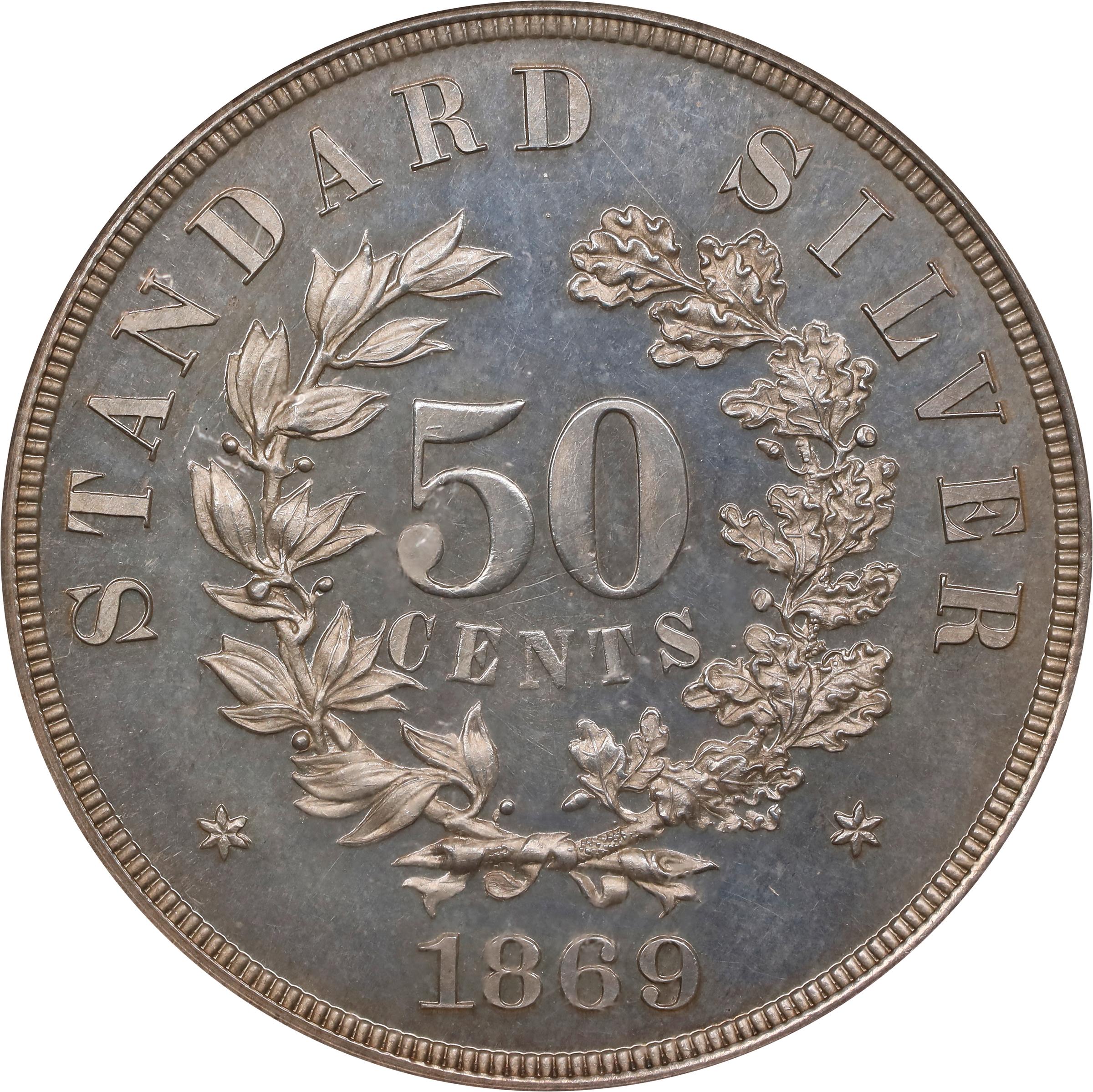 image for: 1869 Pattern Half Dollar. Judd-748, Pollock-831. Rarity-5. Silver. Reeded Edge. Proof-62 (PCGS).