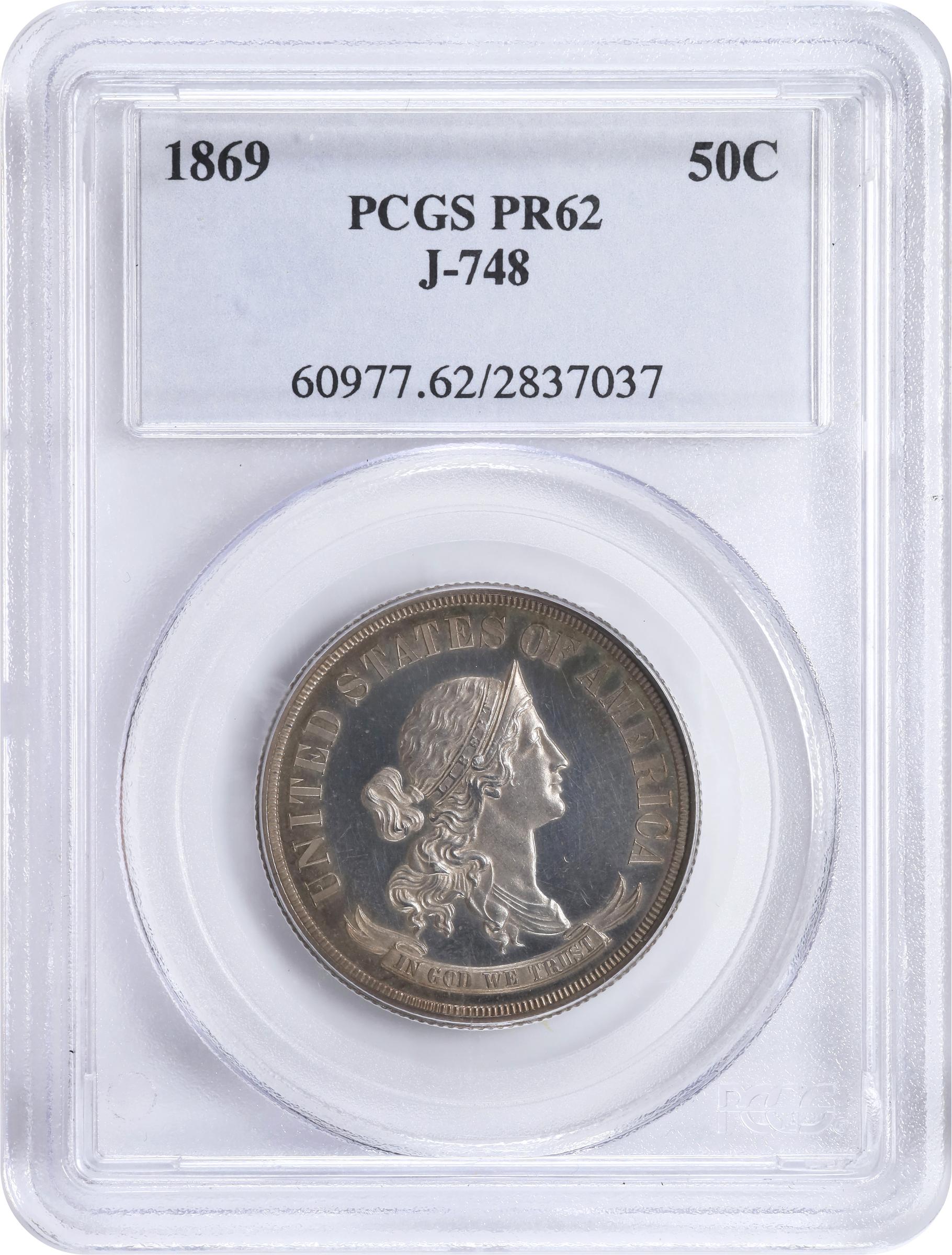 image for: 1869 Pattern Half Dollar. Judd-748, Pollock-831. Rarity-5. Silver. Reeded Edge. Proof-62 (PCGS).