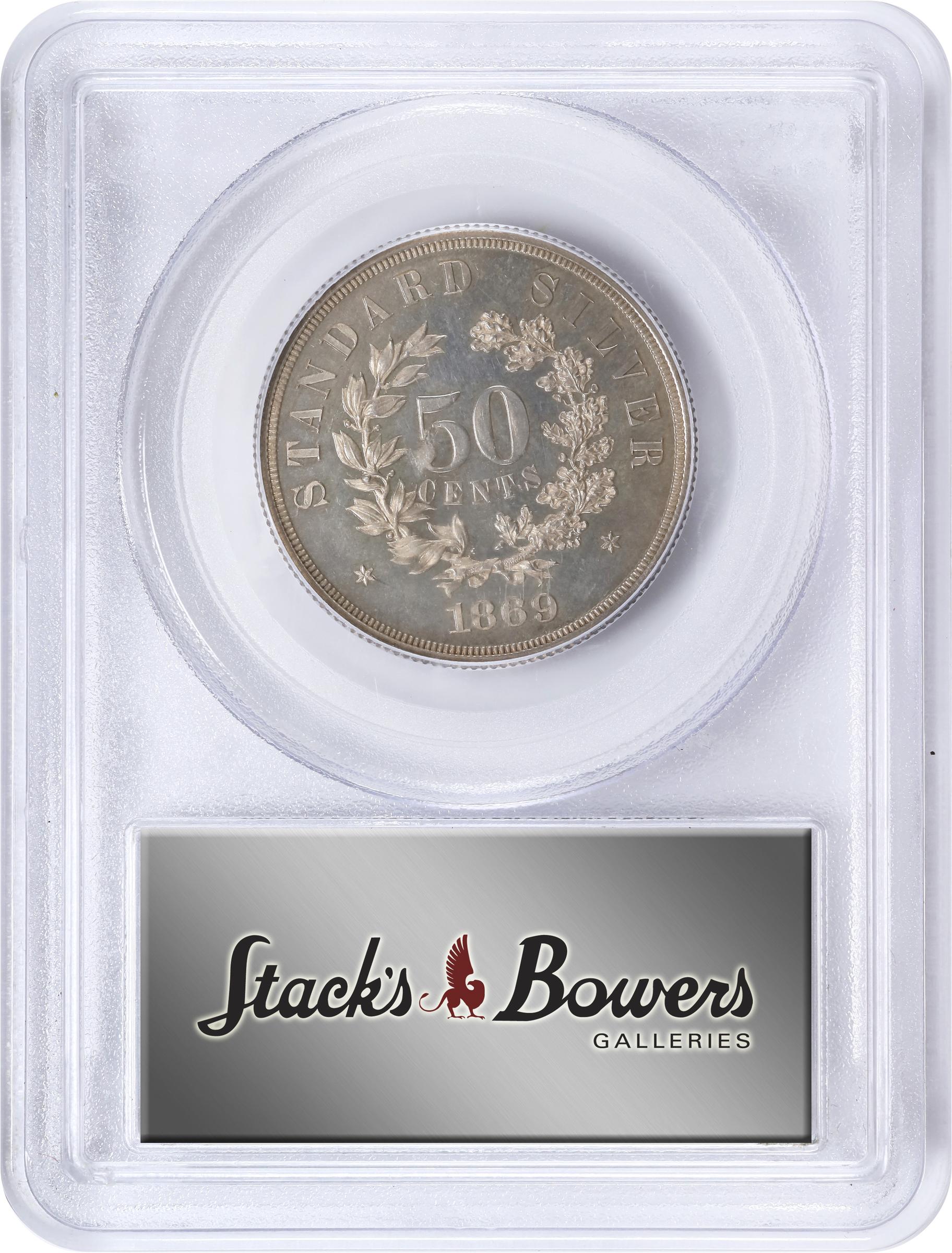 image for: 1869 Pattern Half Dollar. Judd-748, Pollock-831. Rarity-5. Silver. Reeded Edge. Proof-62 (PCGS).