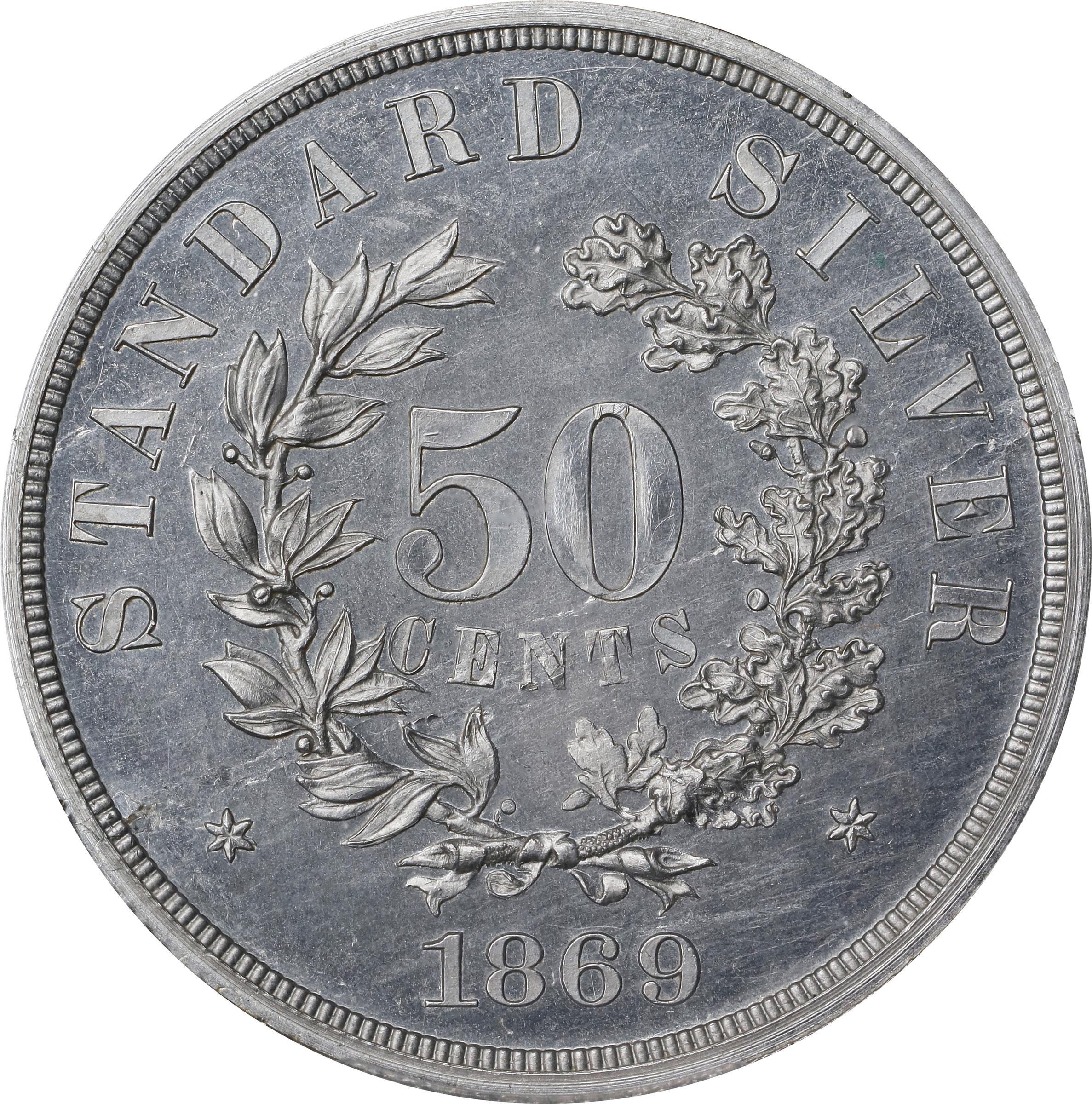 image for: 1869 Pattern Half Dollar. Judd-752, Pollock-835. Rarity-7-. Aluminum. Reeded Edge. Proof-64 (PCGS). CAC.