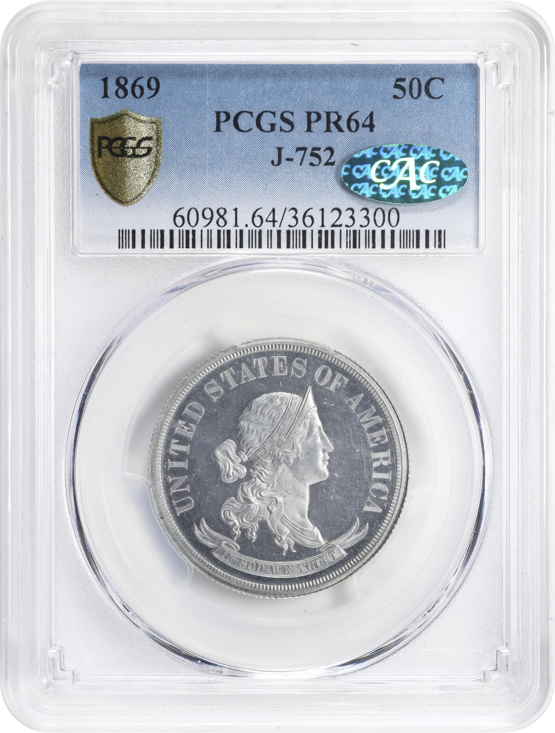 image for: 1869 Pattern Half Dollar. Judd-752, Pollock-835. Rarity-7-. Aluminum. Reeded Edge. Proof-64 (PCGS). CAC.