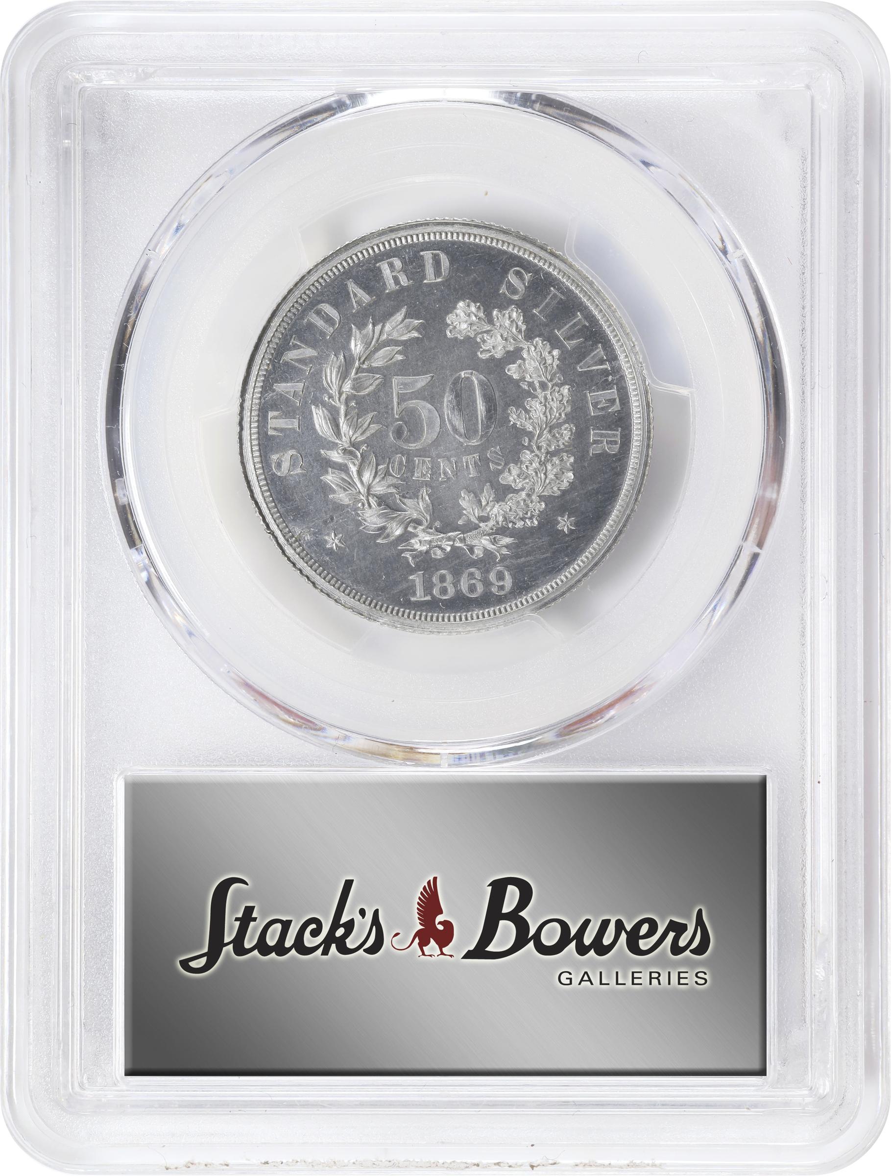image for: 1869 Pattern Half Dollar. Judd-752, Pollock-835. Rarity-7-. Aluminum. Reeded Edge. Proof-64 (PCGS). CAC.