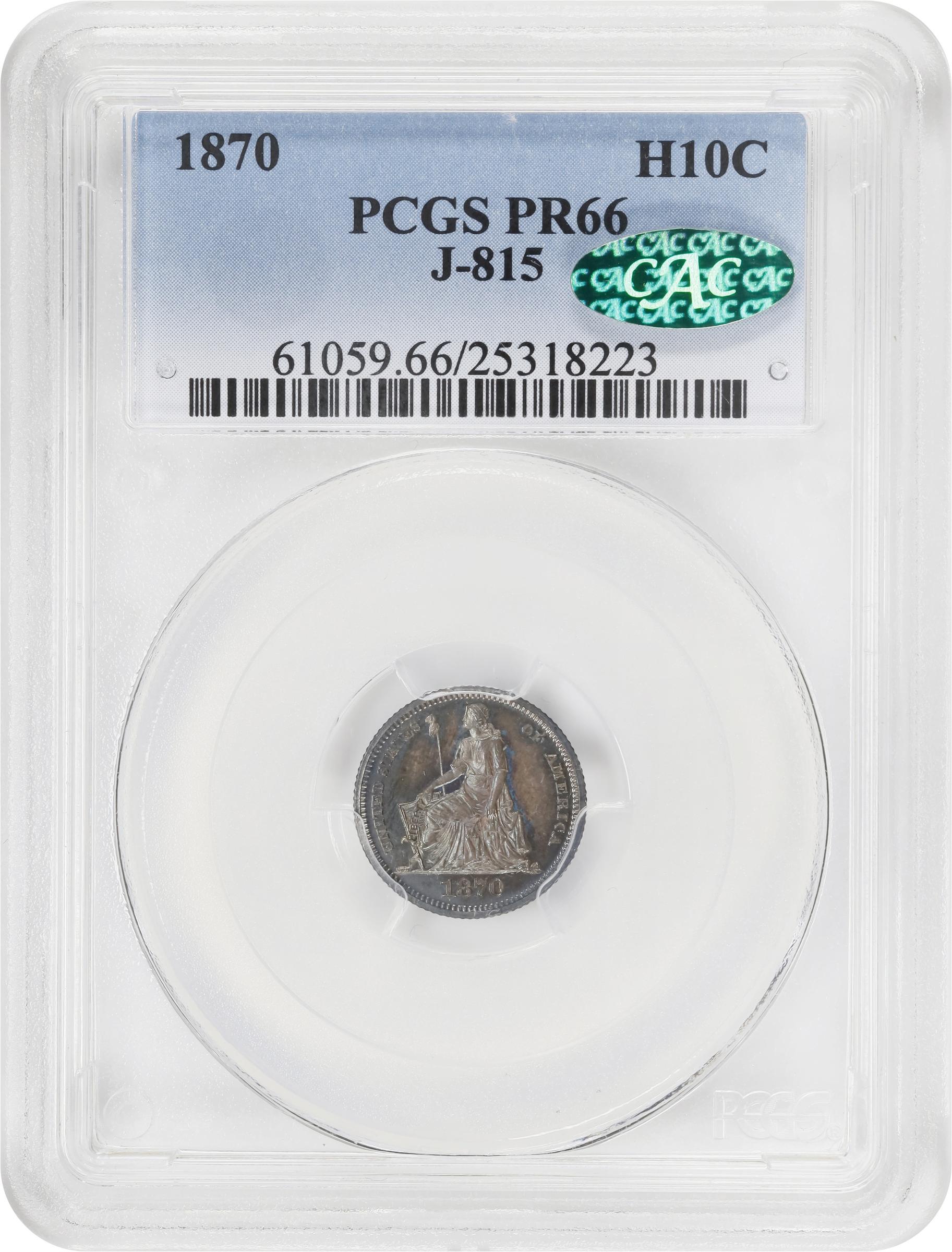 image for: 1870 Pattern Half Dime. Judd-815, Pollock-904. Rarity-7-. Silver. Reeded Edge. Proof-66 (PCGS). CAC.
