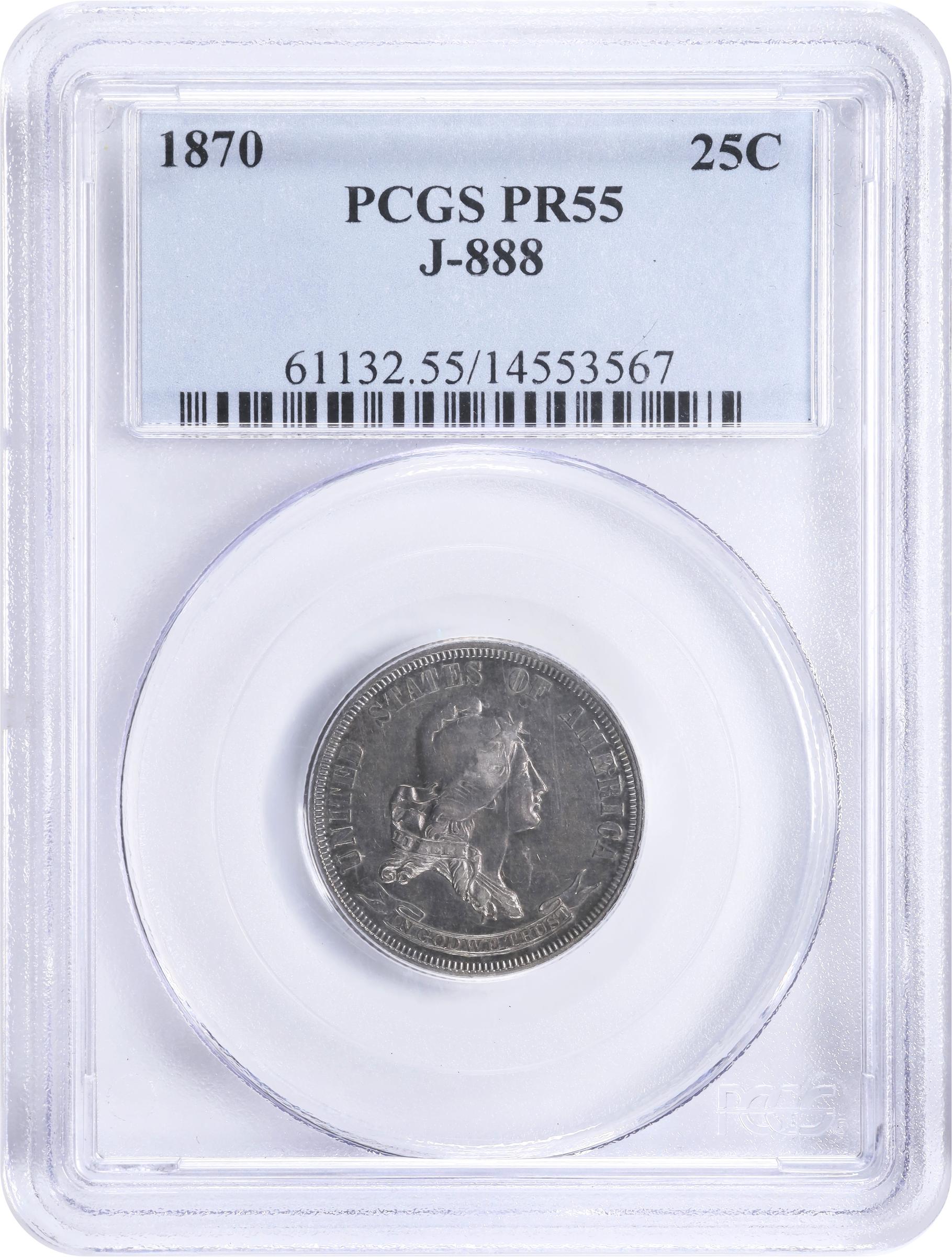image for: 1870 Pattern Quarter Dollar. Judd-888, Pollock-987. Rarity-5. Silver. Reeded Edge. Proof-55 (PCGS).