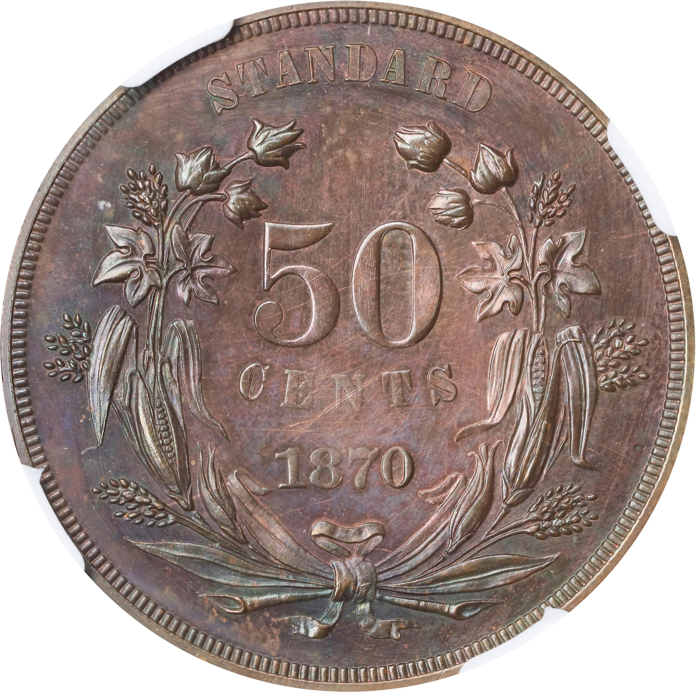 image for: 1870 Pattern Half Dollar. Judd-954, Pollock-1097. Rarity-7+. Copper. Plain Edge. Proof-66 BN (NGC).