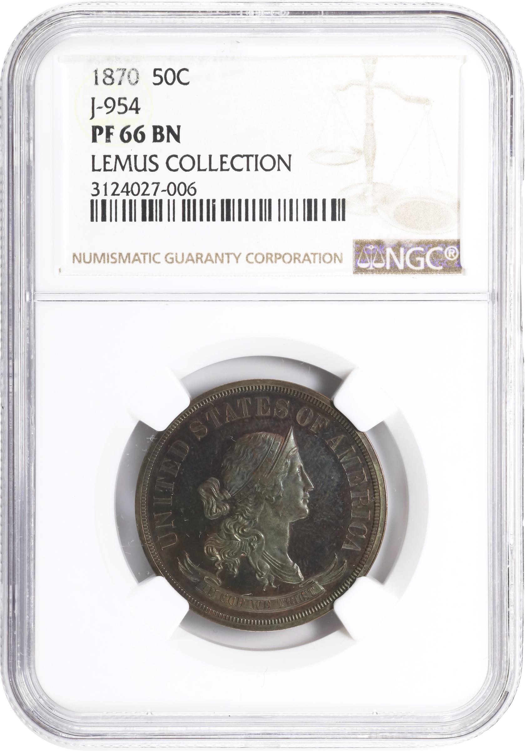 image for: 1870 Pattern Half Dollar. Judd-954, Pollock-1097. Rarity-7+. Copper. Plain Edge. Proof-66 BN (NGC).