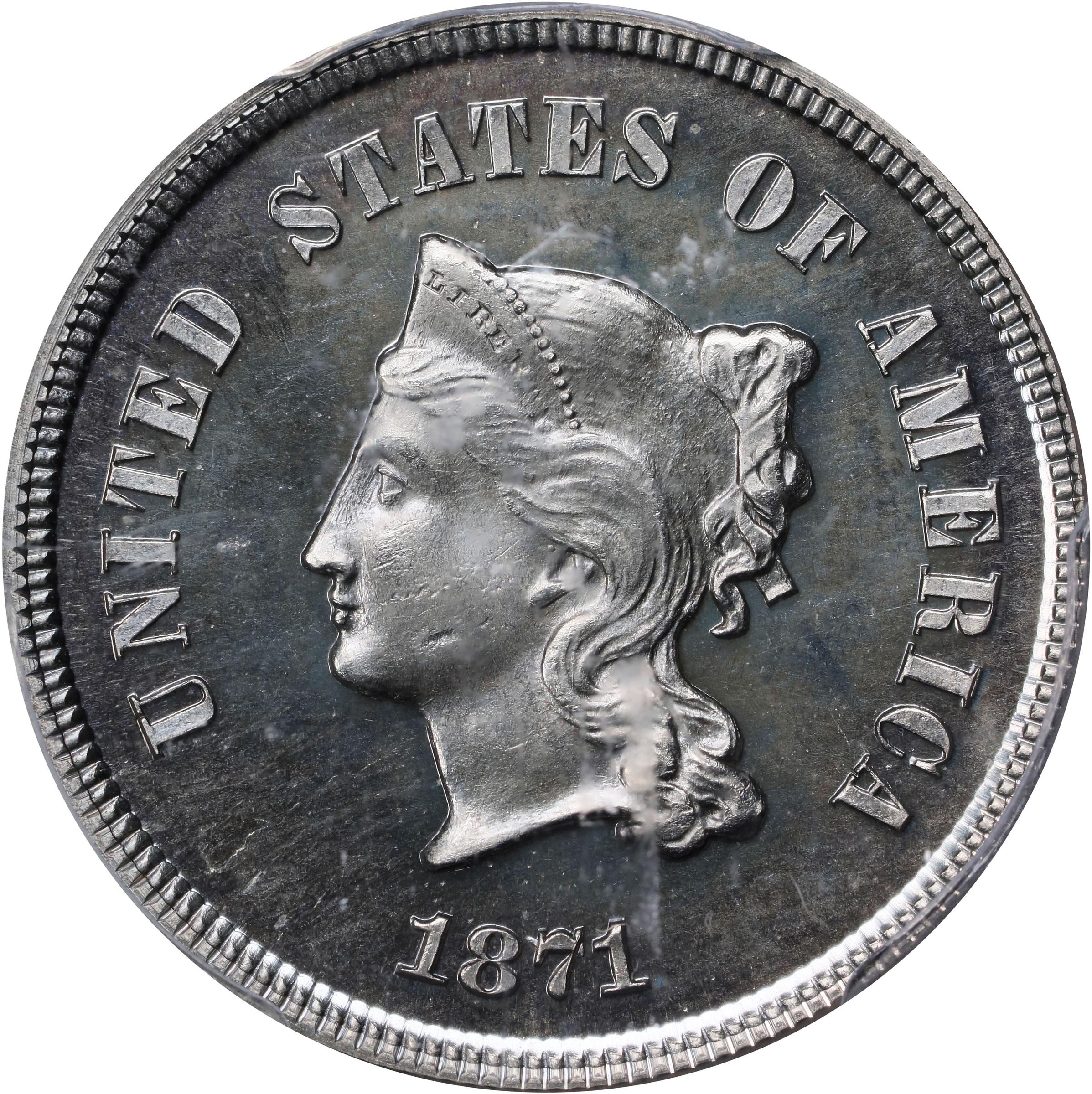 image for: 1871 Pattern Five Cents. Judd-1050, Pollock-1184. Rarity-6-. Nickel. Plain Edge. Proof-66 Cameo (PCGS).