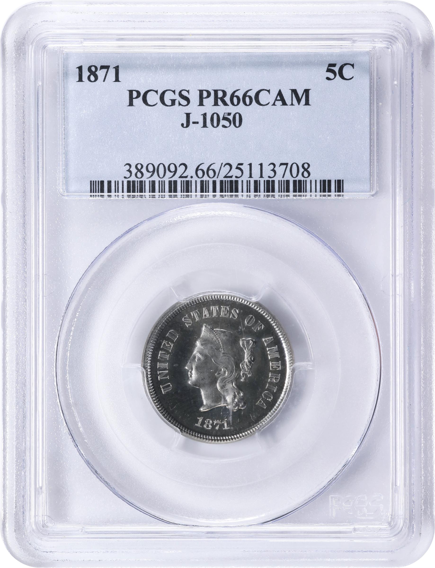 image for: 1871 Pattern Five Cents. Judd-1050, Pollock-1184. Rarity-6-. Nickel. Plain Edge. Proof-66 Cameo (PCGS).