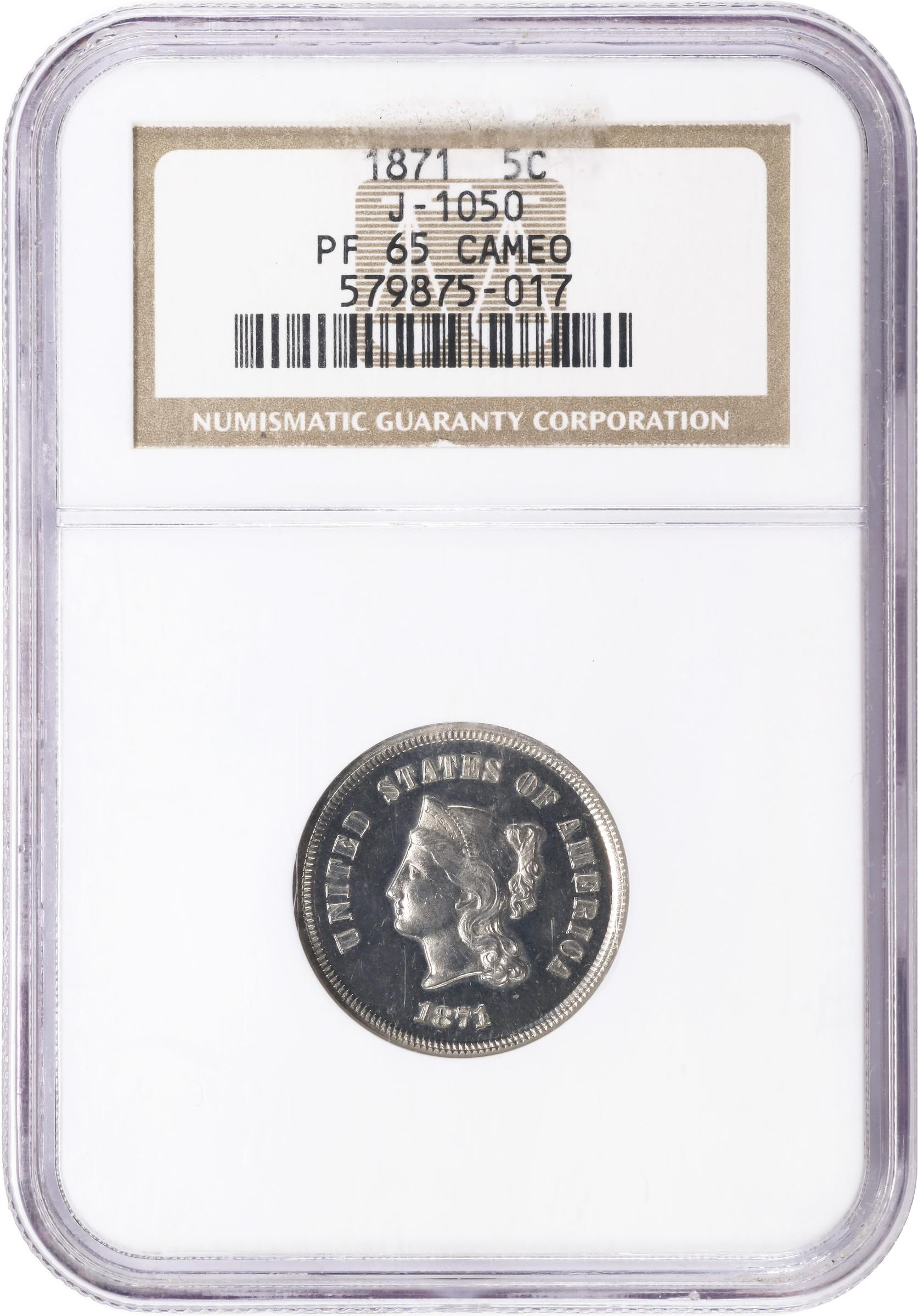image for: 1871 Pattern Five Cents. Judd-1050, Pollock-1184. Rarity-6-. Nickel. Plain Edge. Proof-65 Cameo (NGC).