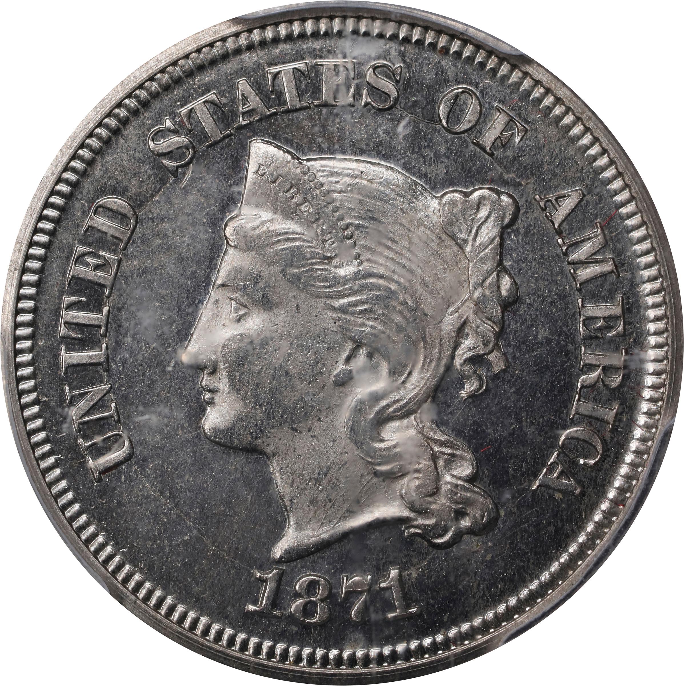 image for: 1871 Pattern Five Cents. Judd-1053, Pollock-1188. Rarity-6+. Nickel. Plain Edge. Proof-65 (PCGS). CAC.