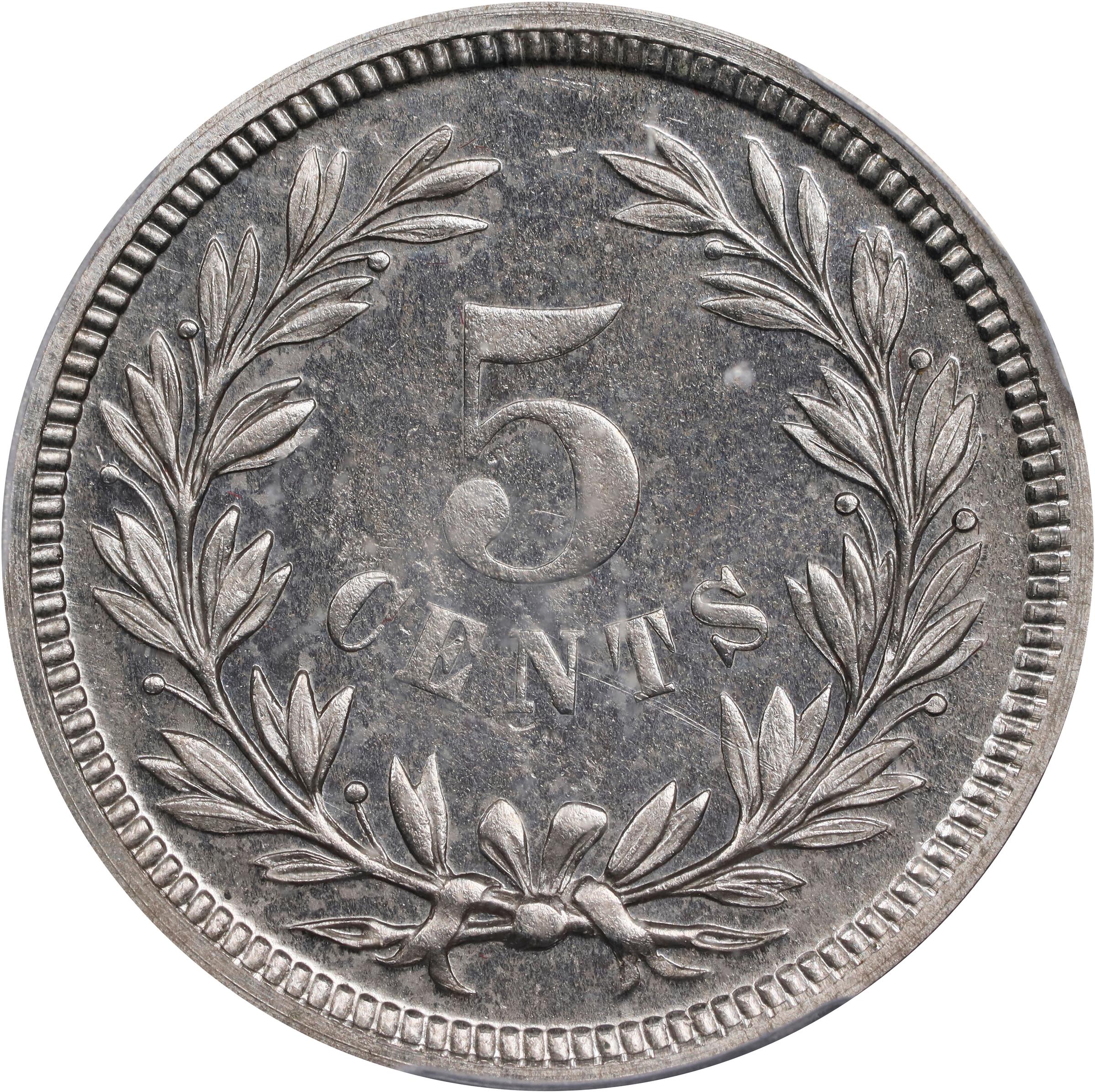 image for: 1871 Pattern Five Cents. Judd-1053, Pollock-1188. Rarity-6+. Nickel. Plain Edge. Proof-65 (PCGS). CAC.
