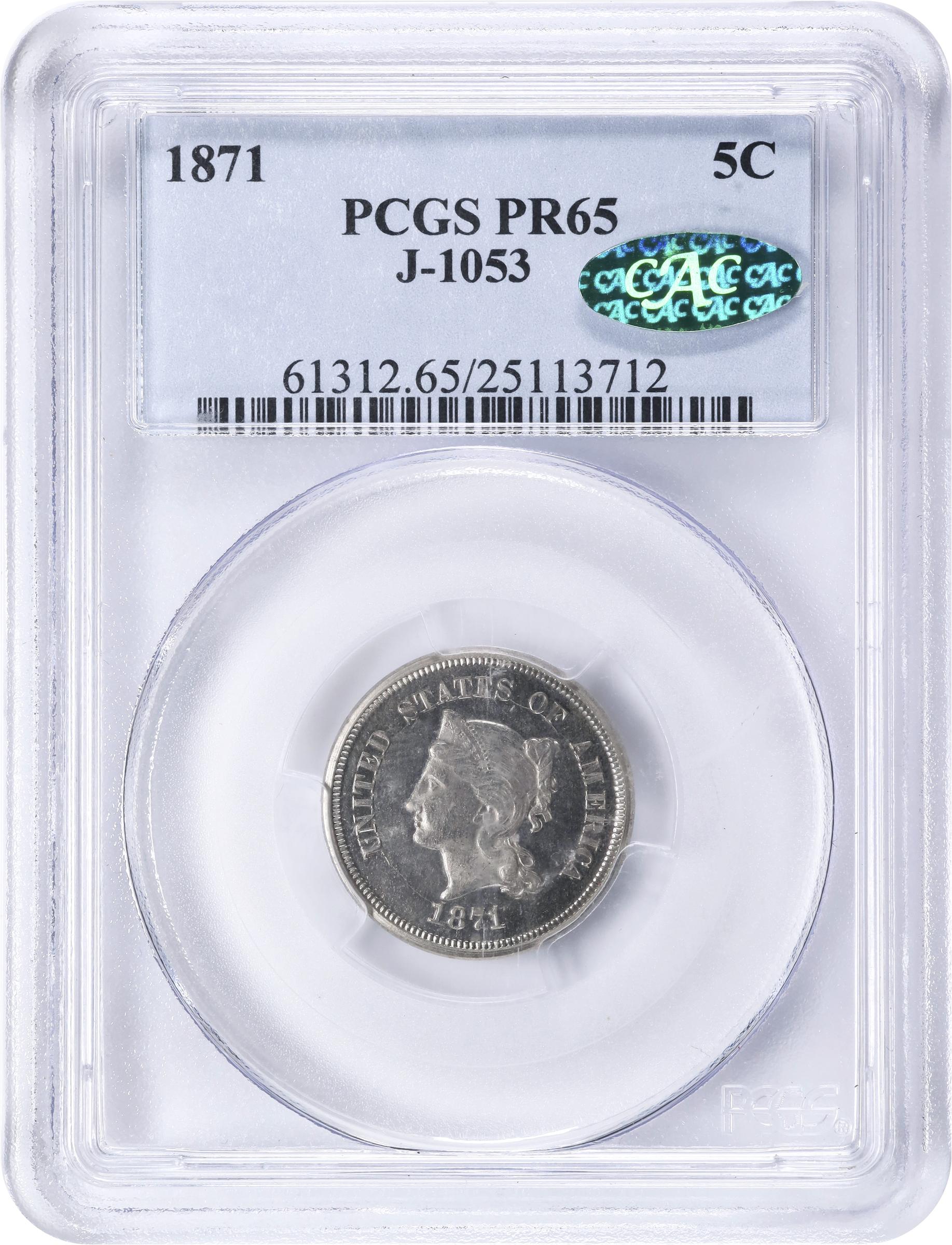 image for: 1871 Pattern Five Cents. Judd-1053, Pollock-1188. Rarity-6+. Nickel. Plain Edge. Proof-65 (PCGS). CAC.