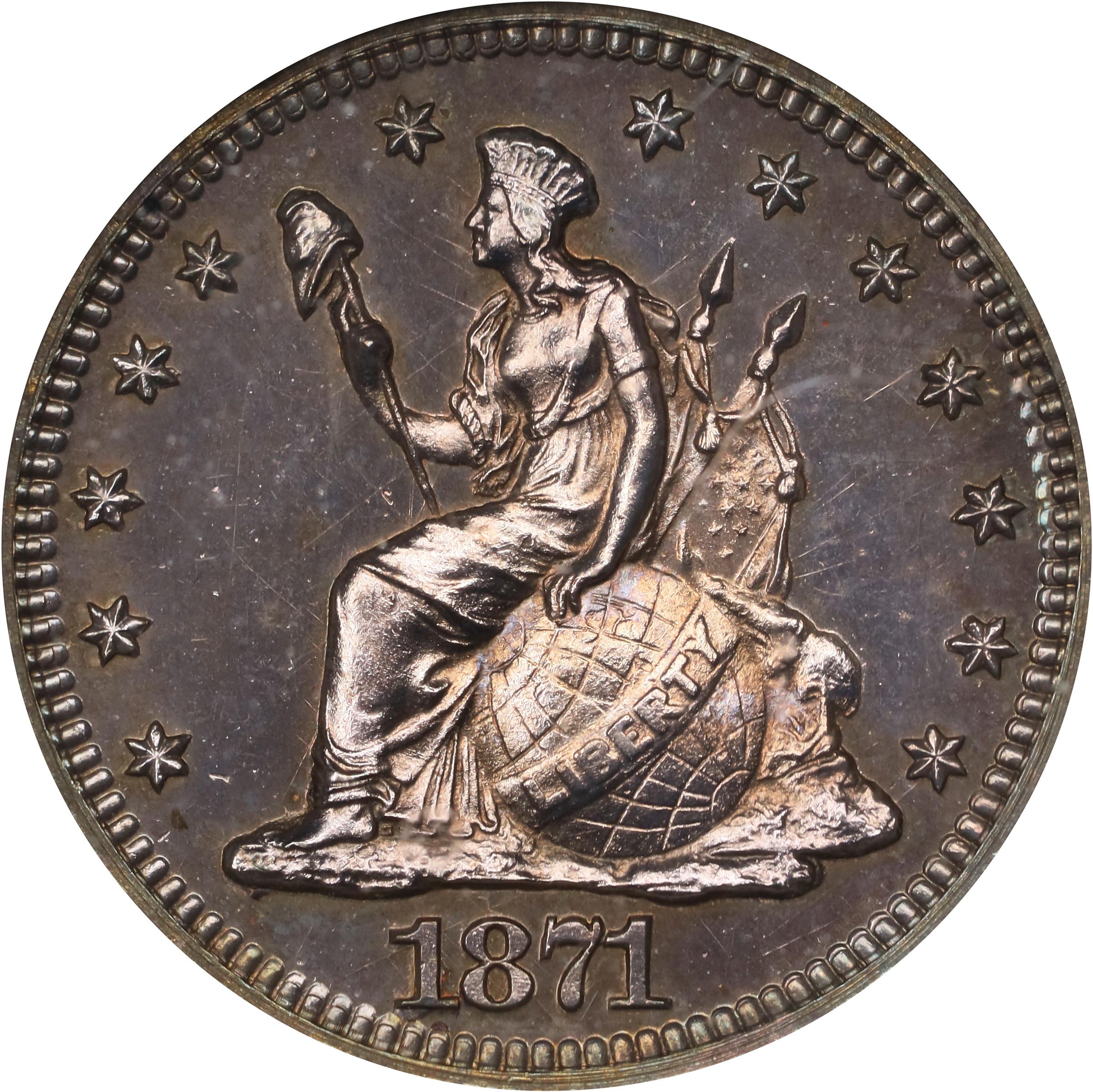 image for: 1871 Pattern Half Dime. Judd-1065, Pollock-1200. Rarity-7-. Silver. Reeded Edge. Proof-65 (NGC).