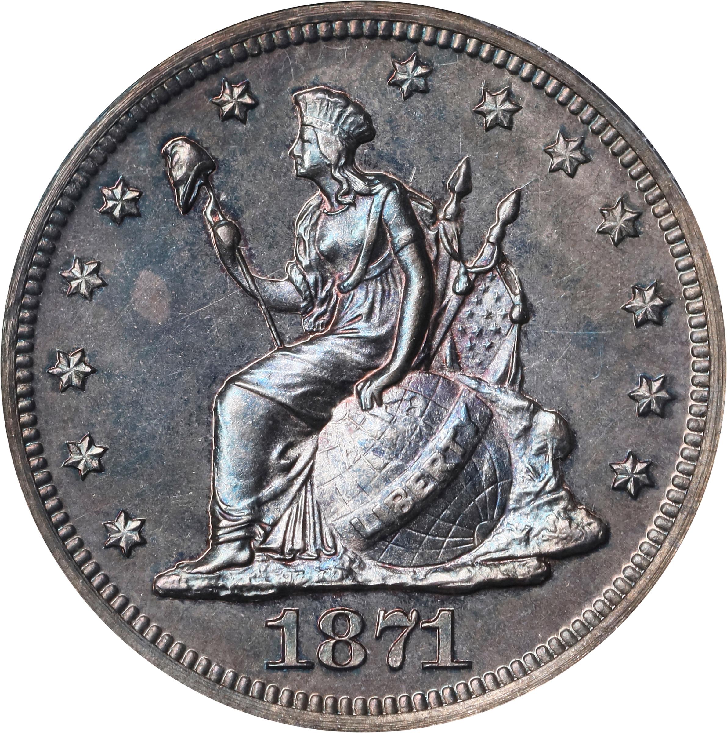 image for: 1871 Pattern Dime. Judd-1080, Pollock-1216. Rarity-6+. Silver. Reeded Edge. Proof-65 (PCGS).