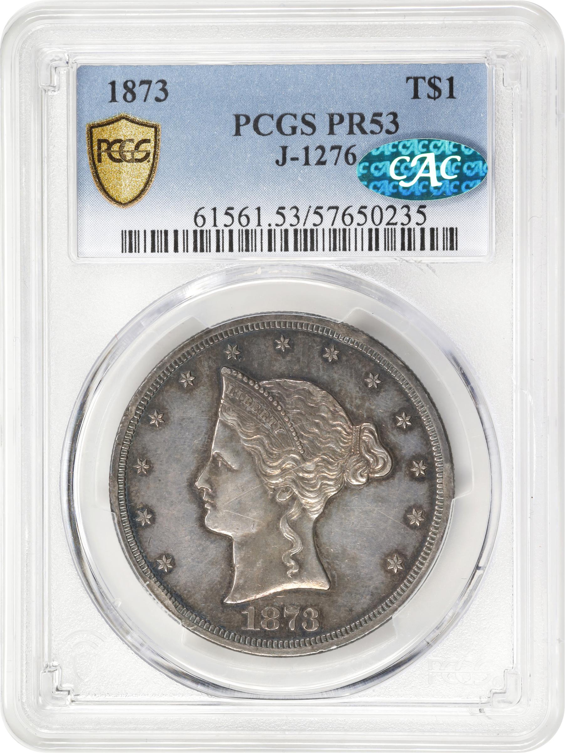 image for: 1873 Pattern Trade Dollar. Judd-1276, Pollock-1418. Rarity-5. Silver. Reeded Edge. Proof-53 (PCGS). CAC.