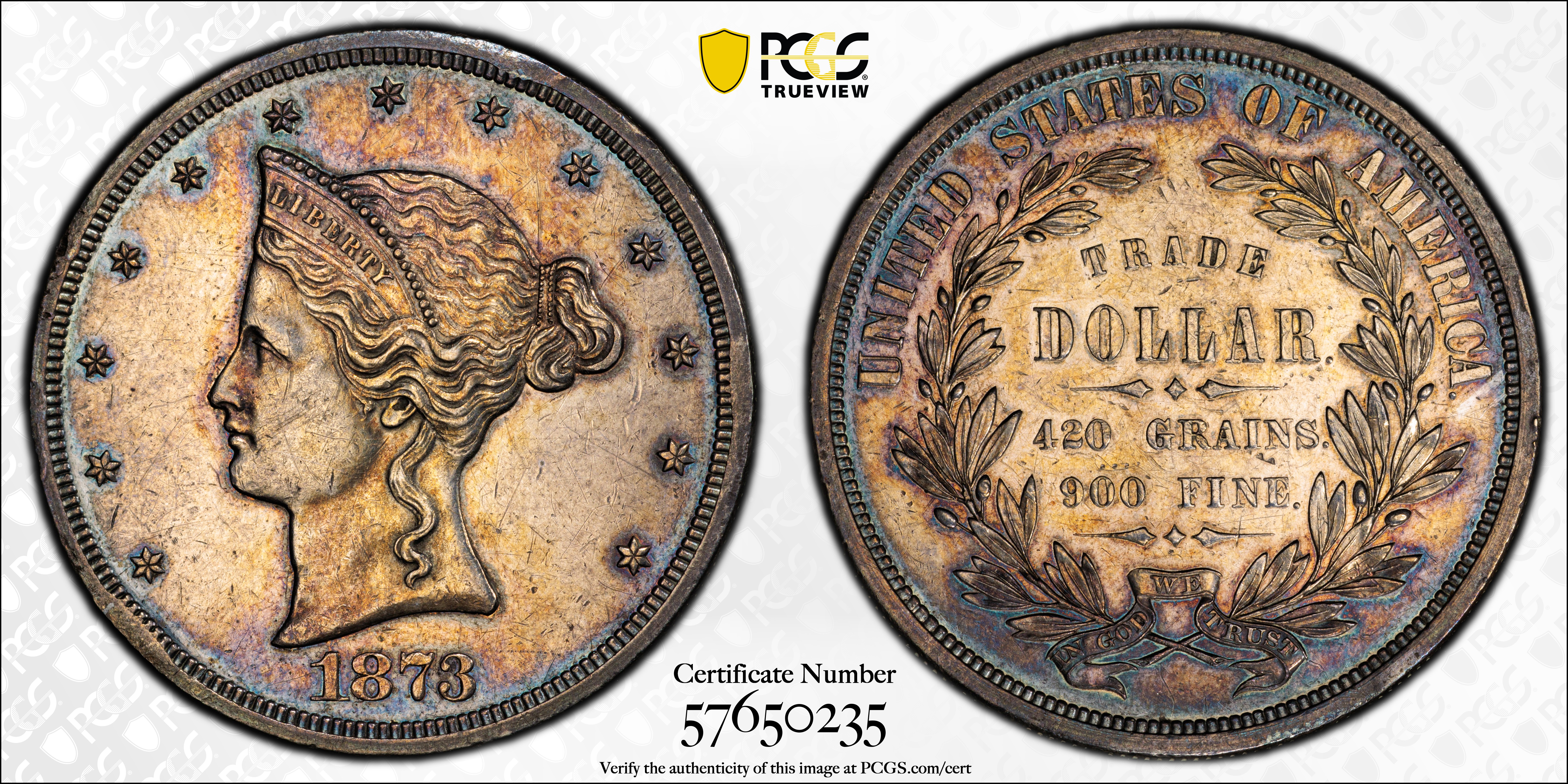 image for: 1873 Pattern Trade Dollar. Judd-1276, Pollock-1418. Rarity-5. Silver. Reeded Edge. Proof-53 (PCGS). CAC.
