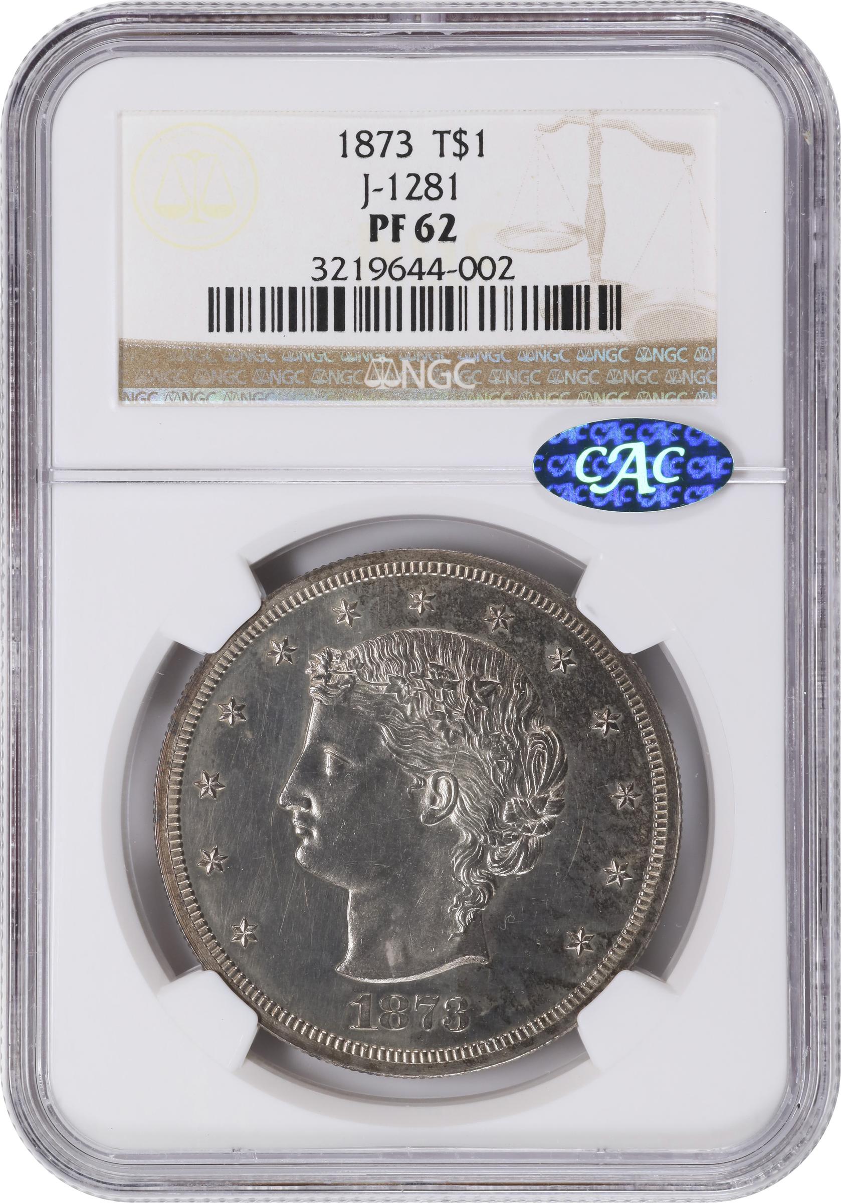 image for: 1873 Pattern Trade Dollar. Judd-1281, Pollock-1423. Rarity-4. Silver. Reeded Edge. Proof-62 (NGC). CAC.