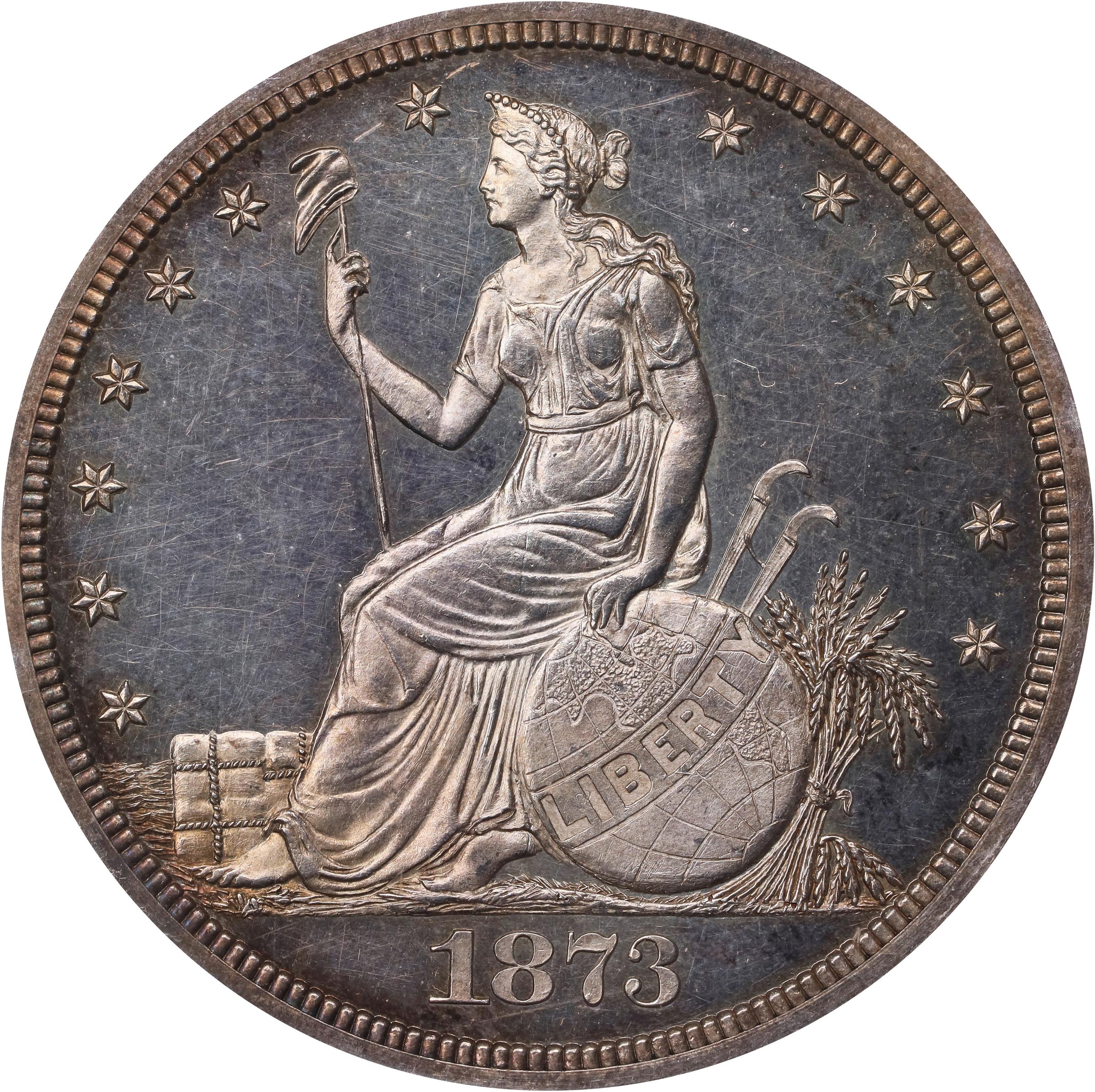 image for: 1873 Pattern Trade Dollar. Judd-1293, Pollock-1435. Rarity-4. Silver. Reeded Edge. Proof-63 (NGC).