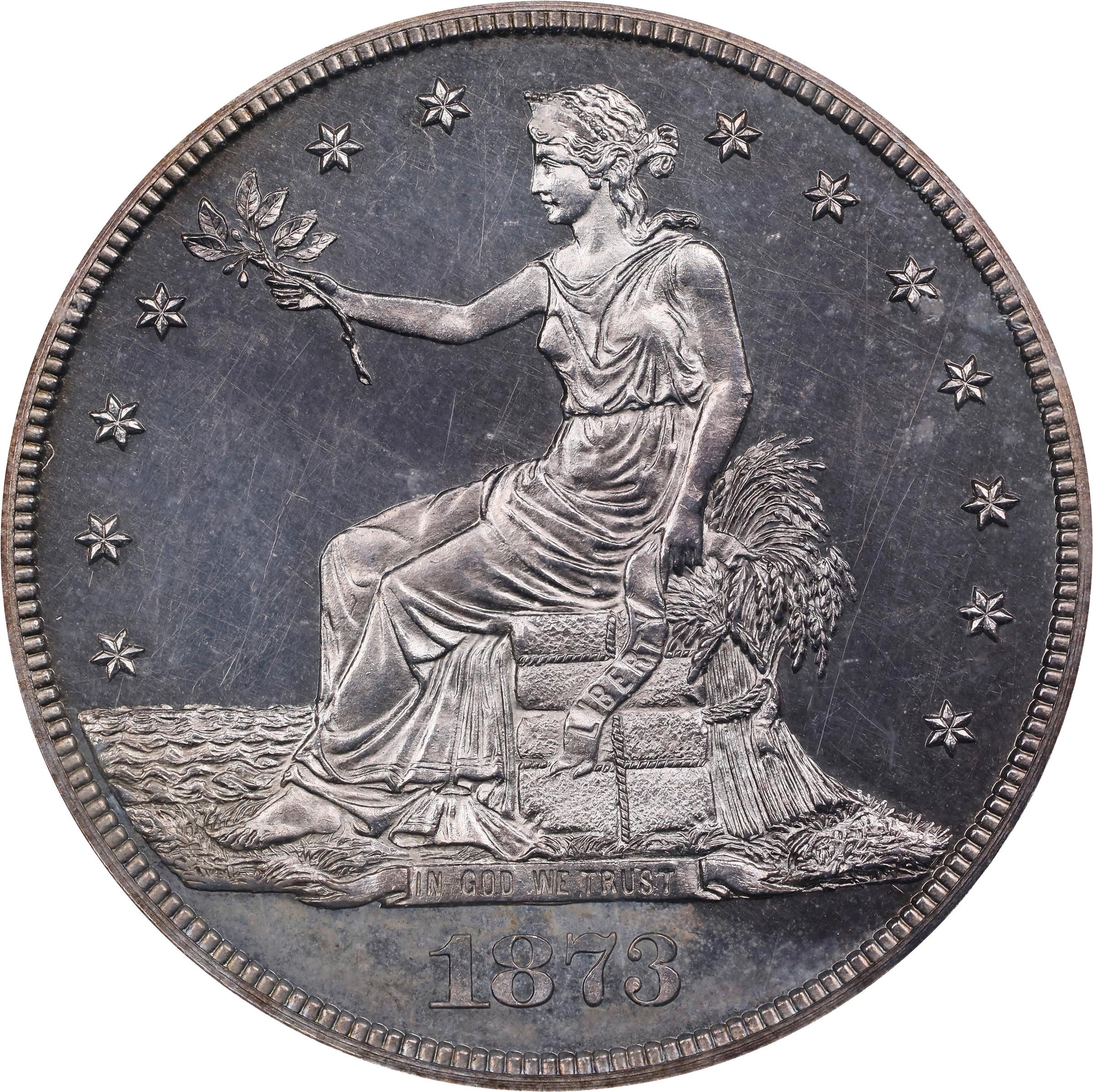 image for: 1873 Pattern Trade Dollar. Judd-1322, Pollock-1465. Rarity-4. Silver. Reeded Edge. Proof-62 Cameo (PCGS). CAC.