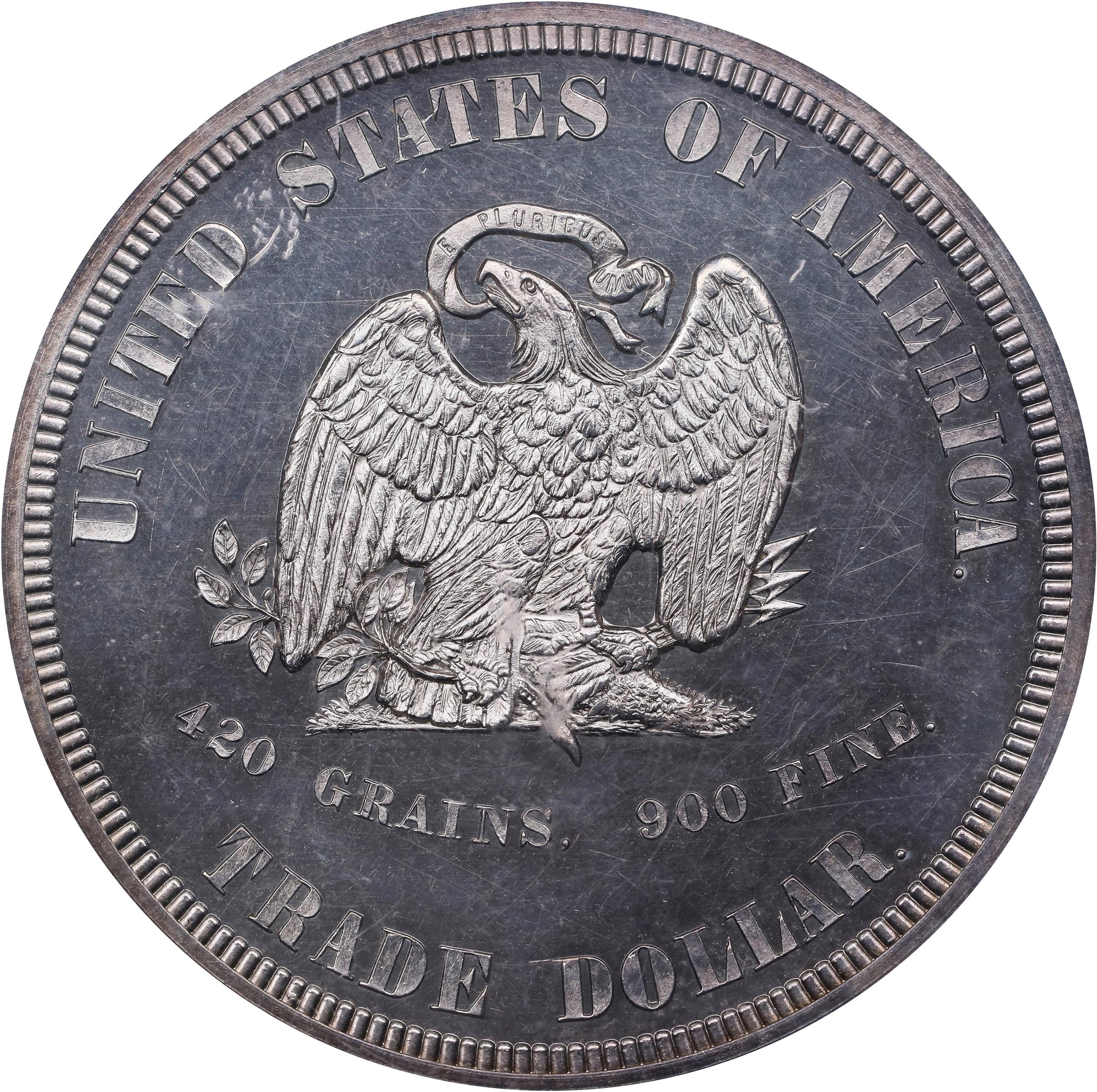 image for: 1873 Pattern Trade Dollar. Judd-1322, Pollock-1465. Rarity-4. Silver. Reeded Edge. Proof-62 Cameo (PCGS). CAC.
